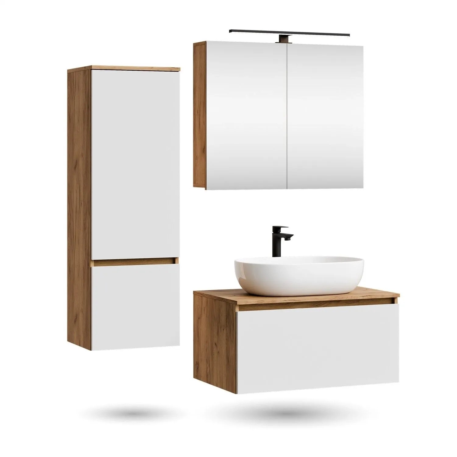 Planetmöbel ARISA Badmöbel Set 80 cm Weiß mit Hochschrank Spiegelschrank ARIA und Aufsatzwaschbecken Weiß 60 cm