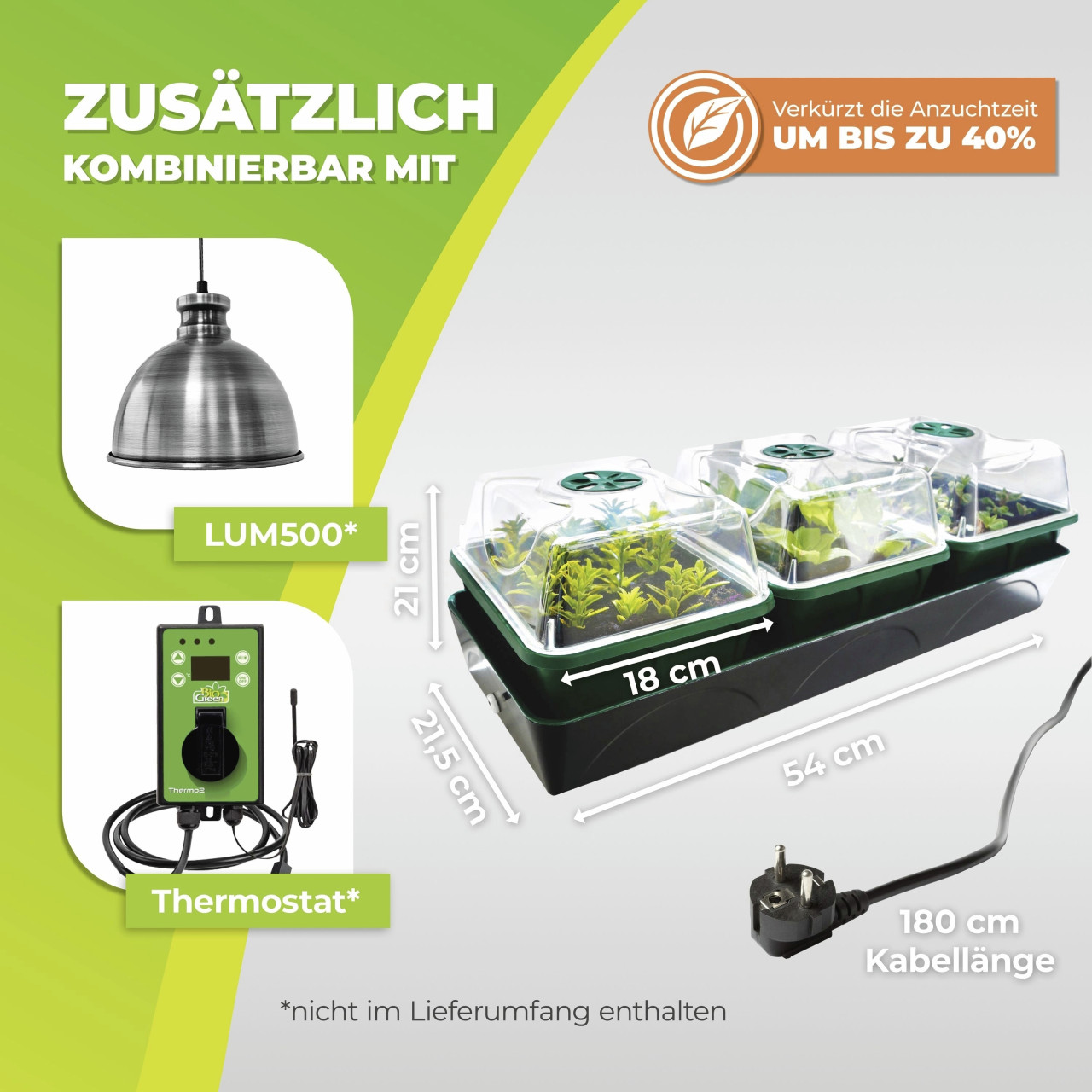 BioGreen Anzuchtstation Hollandia grün/schwarz 54 x 21 cm mit 3 Klimakammern beheizbar Bild 2