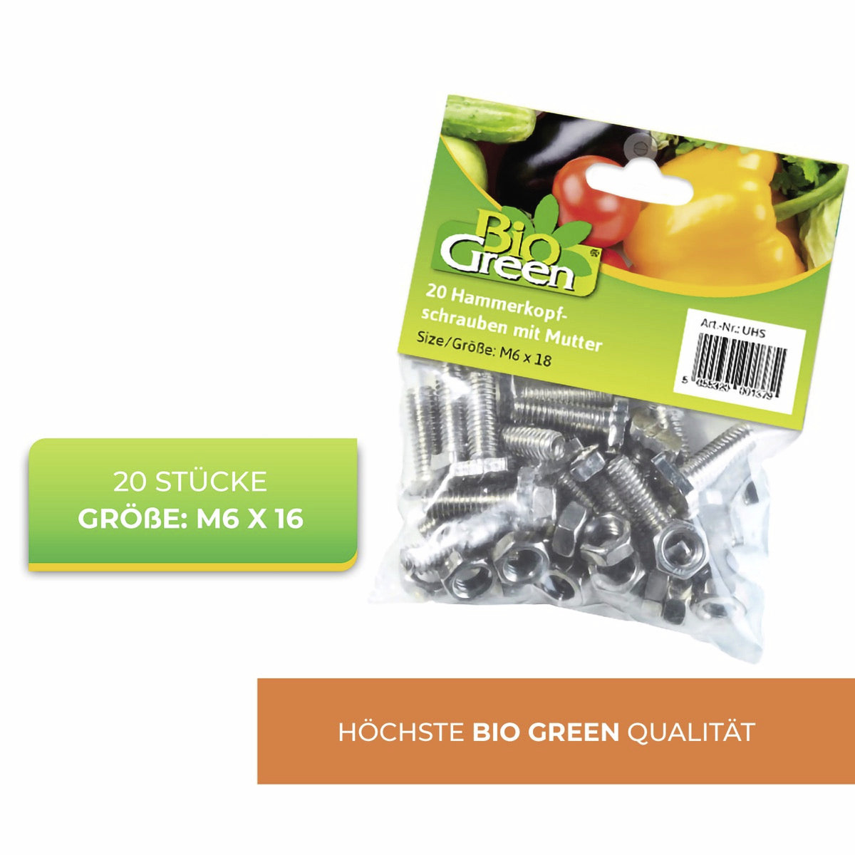 BioGreen Hammerkopfschrauben rostfrei mit Mutter M6 x 15 mm – 20 Stück Edelstahl