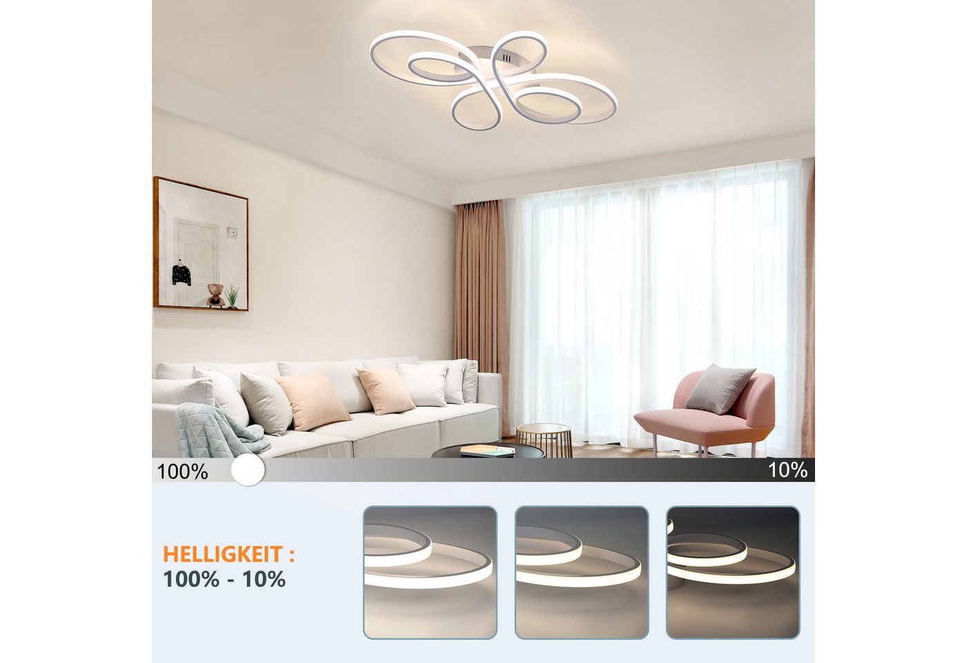 Nettlife LED Deckenleuchte Wohnzimmer Modern Schwarz/Weiß Fernbedienung Dimmbar 40/66/80/100CM, 3000K-6500K/Dimmbar mit Fernbedienung, LED fest integriert, warmweißem, kaltweißem, Schlafzimmer, Wohnzimmer, Büro, Arbeitszimmer, Küche Bild 2