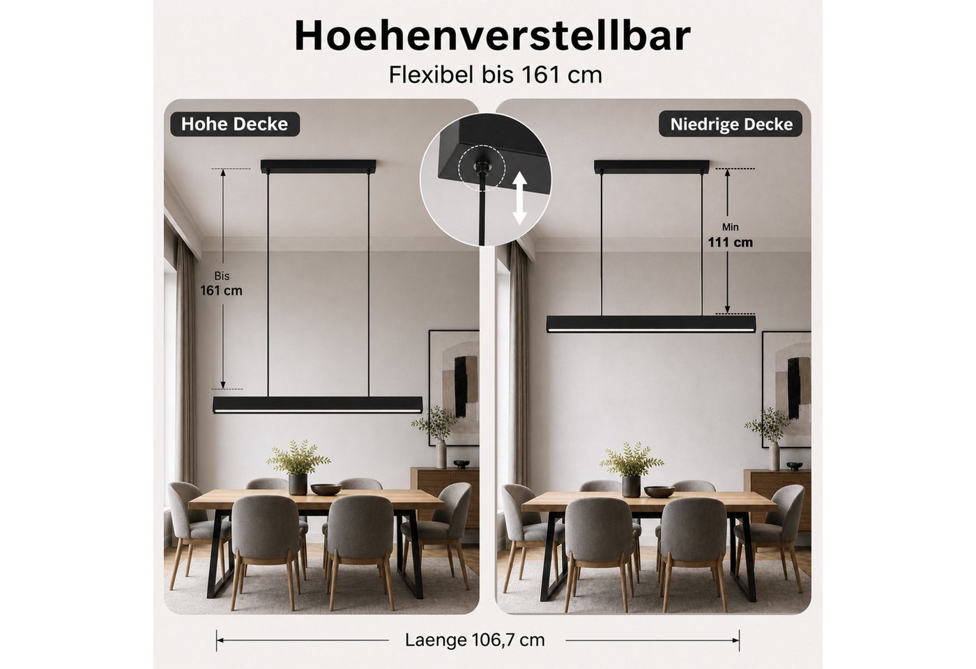 Nettlife LED Pendelleuchte Esstisch Schwarz Modern Fernbedienung 108/148.5 cm 37/50W Hängelampe, LED fest integriert, Dimmbar, Hängelampe Memory-Funktion für Wohnzimmer Küche Schlafzimmer Büro Bild 4