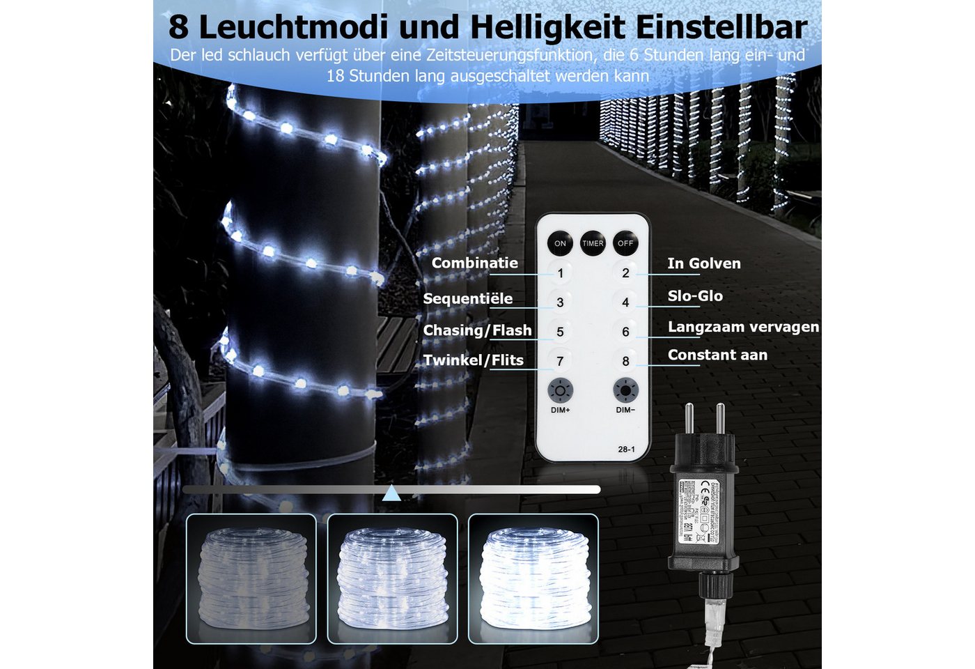 Clanmacy LED-Lichterschlauch LED Lichterschlauch Lichterkette 8 Modi IP65 Wasserdicht Kaltweiß 20M Bild 4