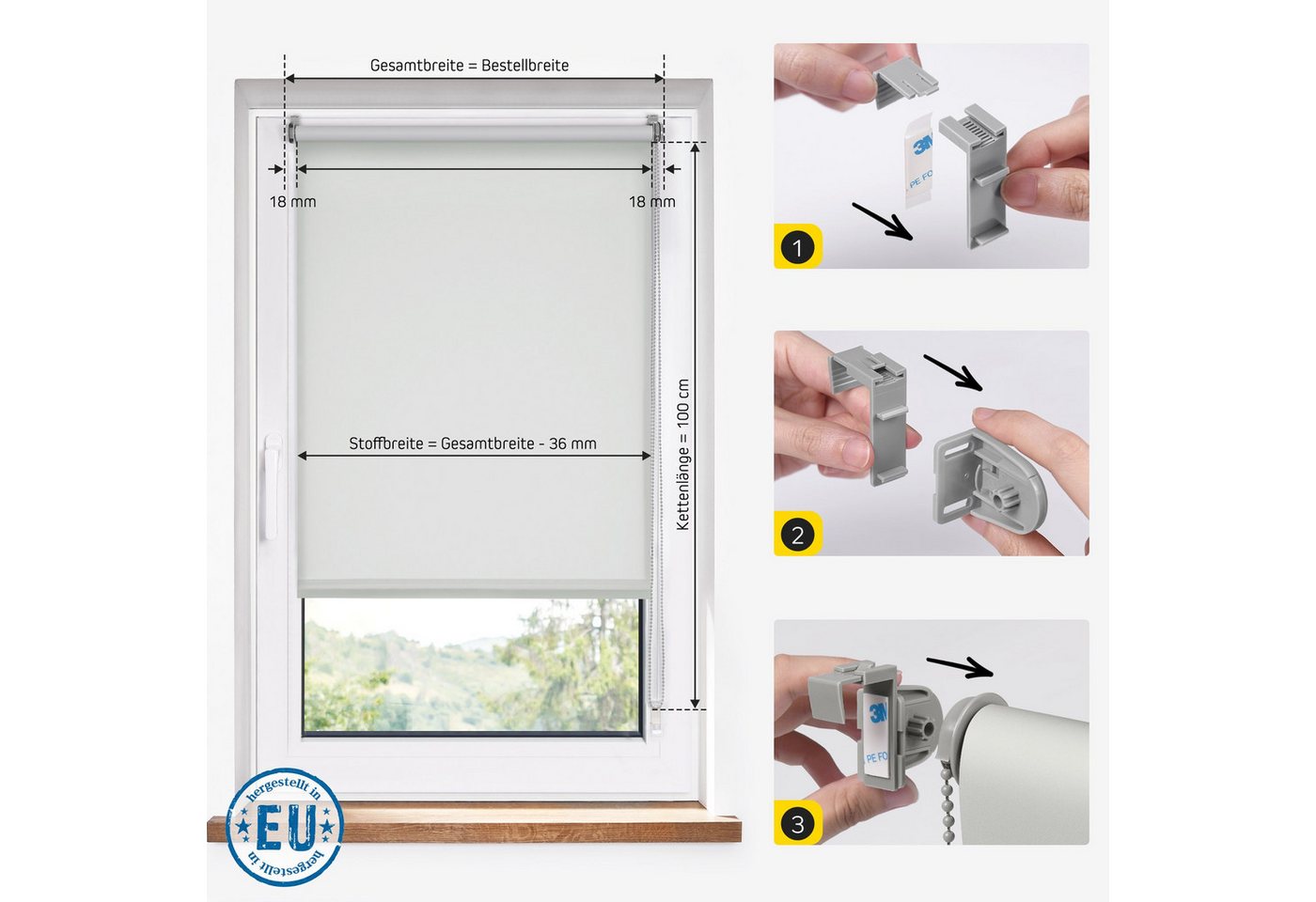 Rollo Lichtdurchlässig, 35 x 130 cm, hellgrau [Stoffbreite 31,6 cm], jalousiescout, blickdicht, ohne Bohren, freihängend, Klemmfix, vormontiert, mit Kindersicherung, für Fenster und Türen, Sichtschutz