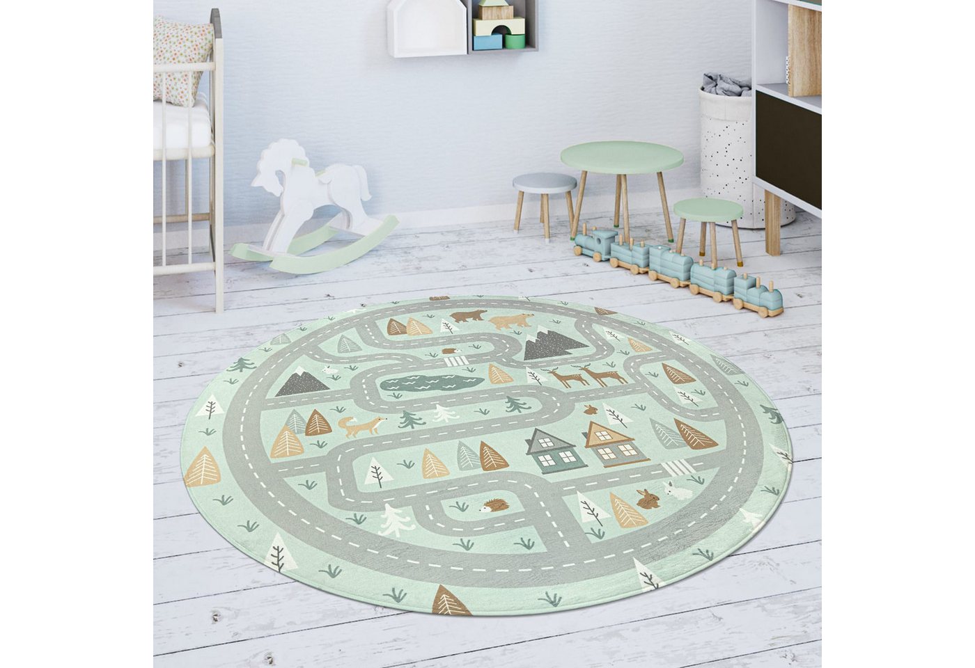 KADIMA DESIGN Kinderteppich waschmaschinenwaschbar Waldwege‑Muster Kinderzimmer Kinderteppich, Rund, Höhe: 4 mm, 100% Polyester, Rücken aus Felt + Dots, Rund, 120Dcm, Türkis