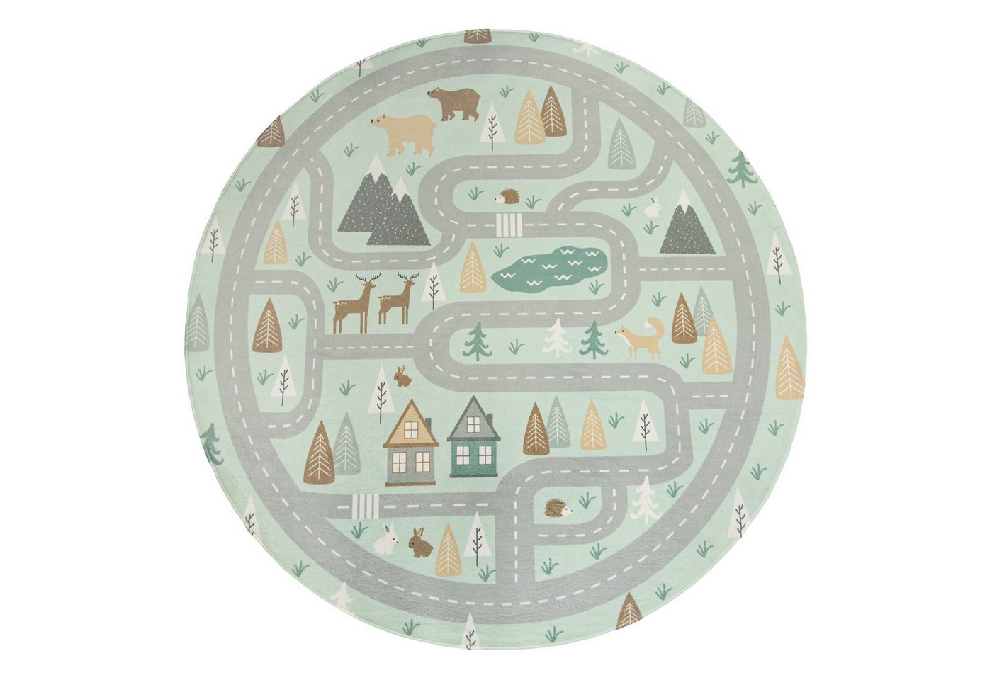 KADIMA DESIGN Kinderteppich waschmaschinenwaschbar Waldwege‑Muster Kinderzimmer Kinderteppich, Rund, Höhe: 4 mm, 100% Polyester, Rücken aus Felt + Dots, Rund, 120Dcm, Türkis Bild 4