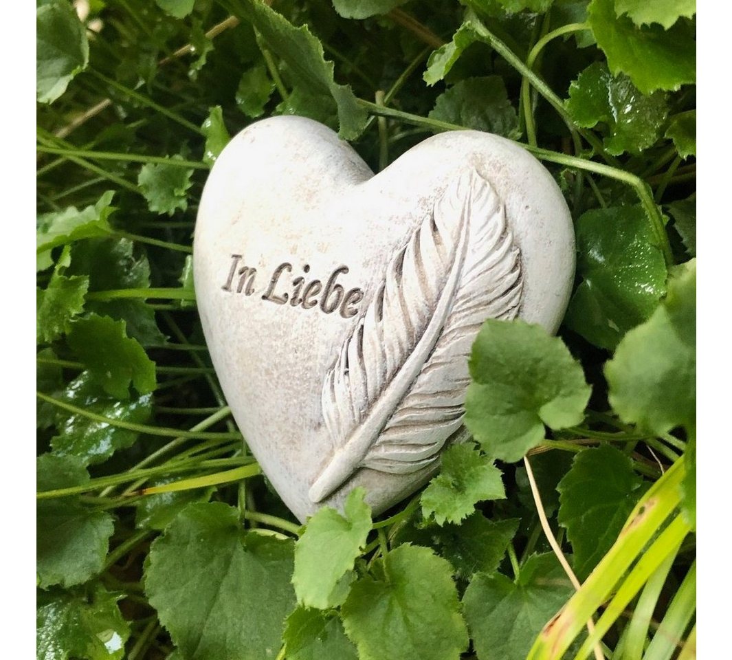 Radami Gartenfigur Grabherz Gedenkstein - In Liebe mit Feder - Grabschmuck Grabdeko Traue