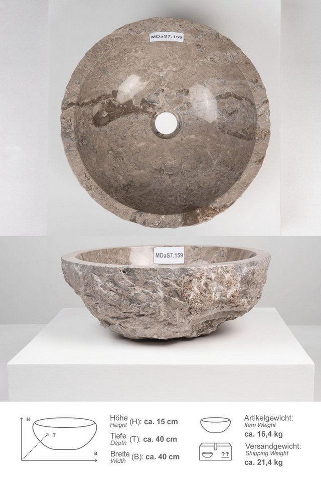 wohnfreuden Aufsatzwaschbecken Erosi Marmor Waschbecken 40 cm grau (Kein Set), 125883_MDaS7.159 Bild 2
