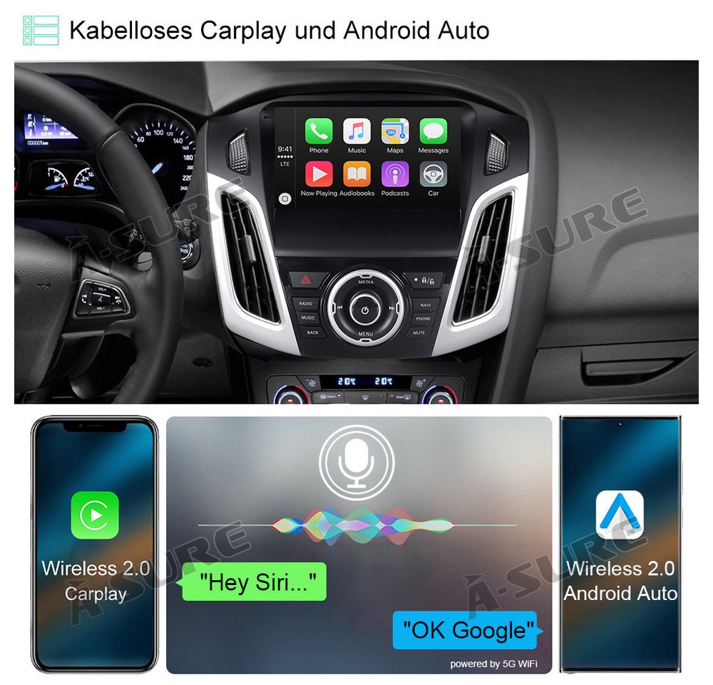 A-Sure 9" DAB+ 6+128G Carplay Für Ford Focus MK3 2DIN Android 15 GPS WIFI Autoradio (RDS, Bluetooth, Digitalradio (DAB), GPS, FM RADIO, WIFI, Android Auto,CarPlay,Bluetooth,DSP,GPS,WIFI,RDS,Plug‑and‑Play) Bild 3