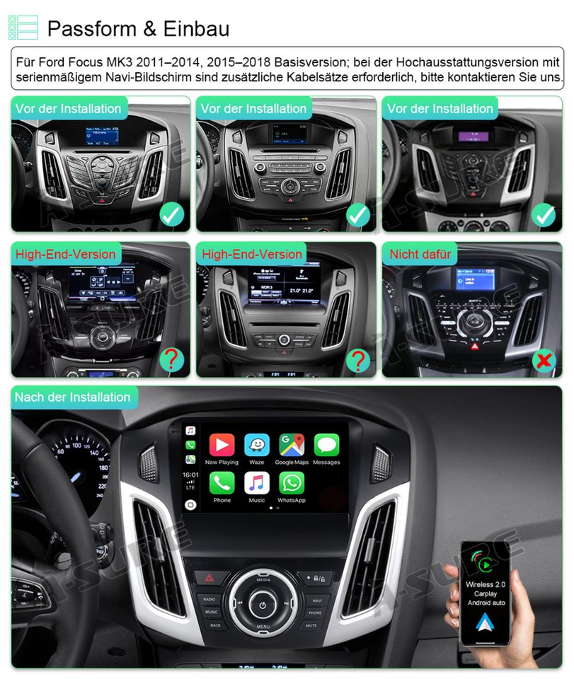 A-Sure 9" DAB+ 6+128G Carplay Für Ford Focus MK3 2DIN Android 15 GPS WIFI Autoradio (RDS, Bluetooth, Digitalradio (DAB), GPS, FM RADIO, WIFI, Android Auto,CarPlay,Bluetooth,DSP,GPS,WIFI,RDS,Plug‑and‑Play) Bild 4
