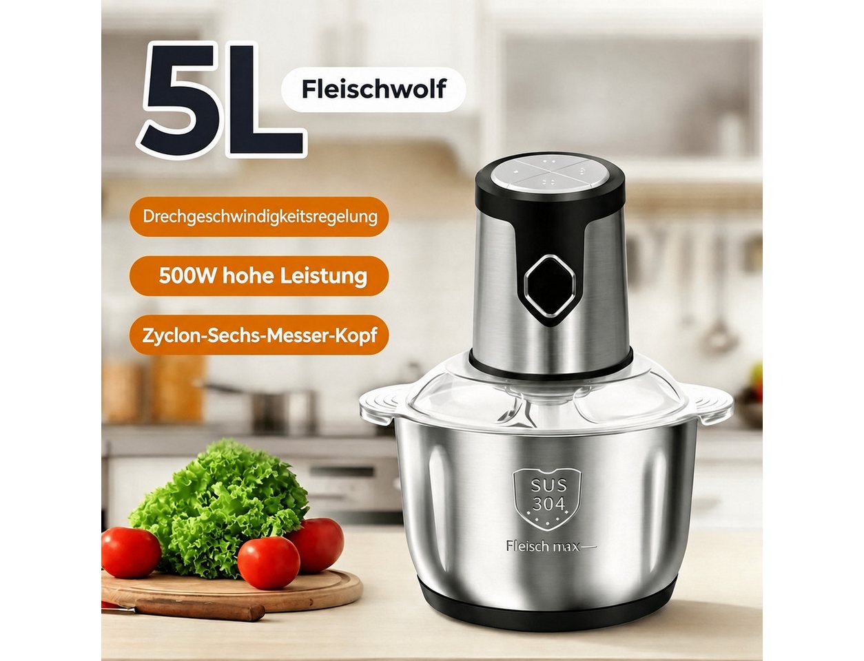 FELIXLEO Zerkleinerer Elektrischer Zerkleinerer Fleischwolf 5L Edelstahlschüssel für Küche