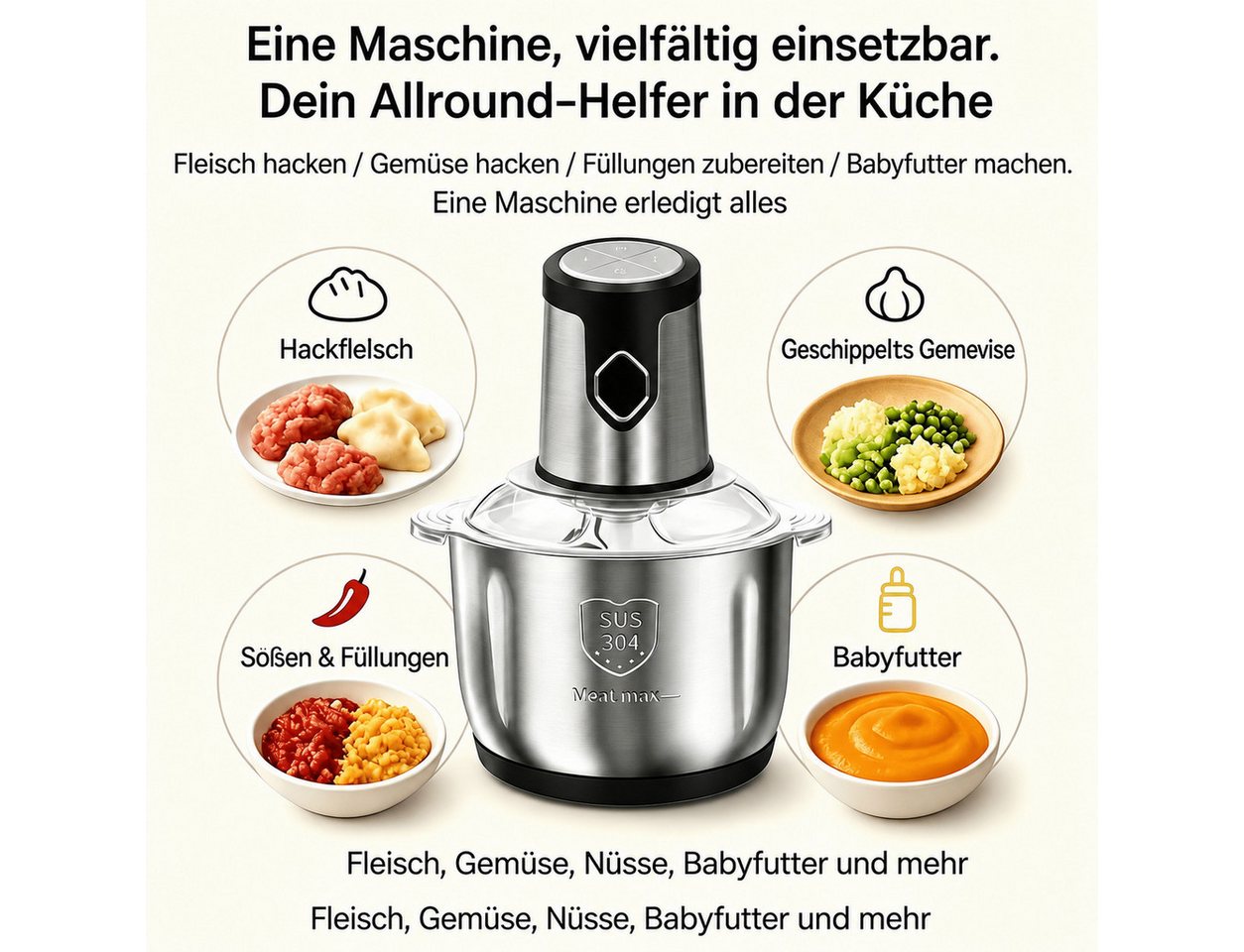 FELIXLEO Zerkleinerer Elektrischer Zerkleinerer Fleischwolf 5L Edelstahlschüssel für Küche Bild 3