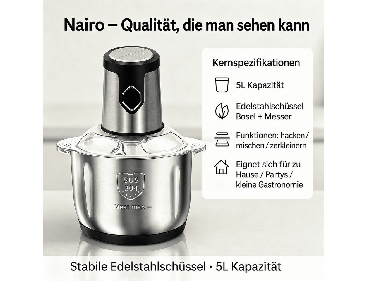 FELIXLEO Zerkleinerer Elektrischer Zerkleinerer Fleischwolf 5L Edelstahlschüssel für Küche Bild 4