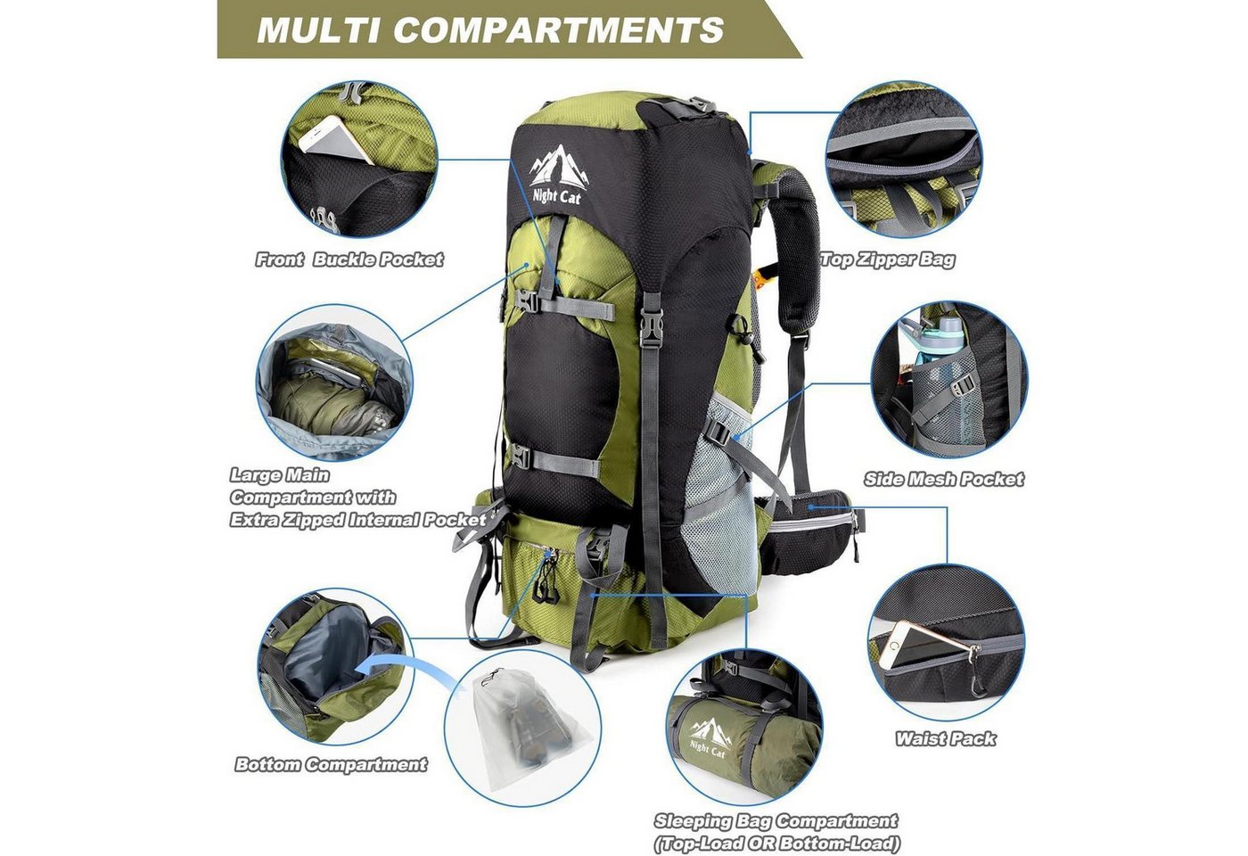 LuxusKollektion Wanderrucksack Night Cat 90L Trekkingrucksack für Herren und Damen Blueberry