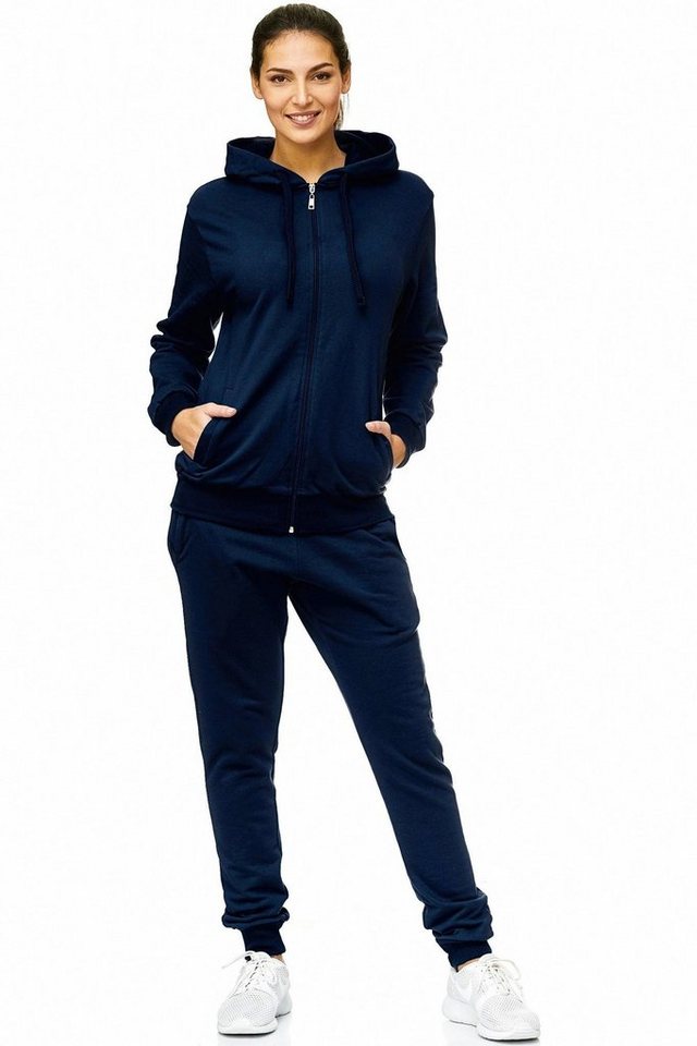 L.gonline Freizeitanzug Damen Jogginganzug einfarbig 100% Baumwolle 586 Navy M (Kapuzenjacke mit Reißverschluss, Hose, 2-tlg), Fitness Freizeit Casual Bild 3
