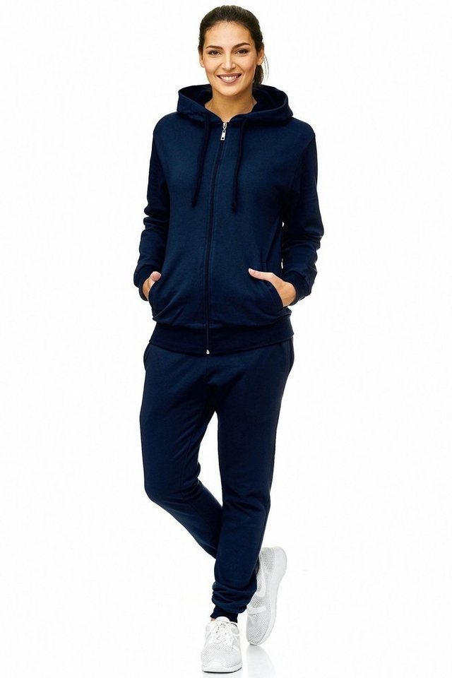 L.gonline Freizeitanzug Damen Jogginganzug einfarbig 100% Baumwolle 586 Navy M (Kapuzenjacke mit Reißverschluss, Hose, 2-tlg), Fitness Freizeit Casual Bild 4