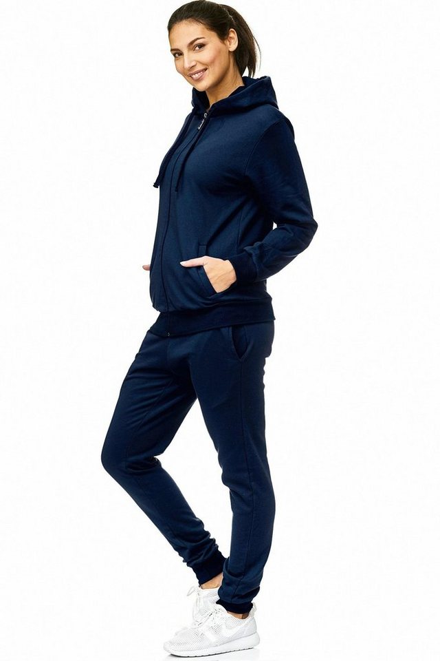 L.gonline Freizeitanzug Damen Jogginganzug einfarbig 100% Baumwolle 586 Navy M (Kapuzenjacke mit Reißverschluss, Hose, 2-tlg), Fitness Freizeit Casual Bild 5