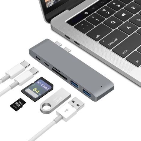 Usb-c-hub Für Macbook Pro, 6-in-1 Dual-type-c-hub-adapter Mit 2 Type-c-anschlüssen, 2 Usb 3.0-anschlüssen Und 1 Sd/tf-kartensteckplatz