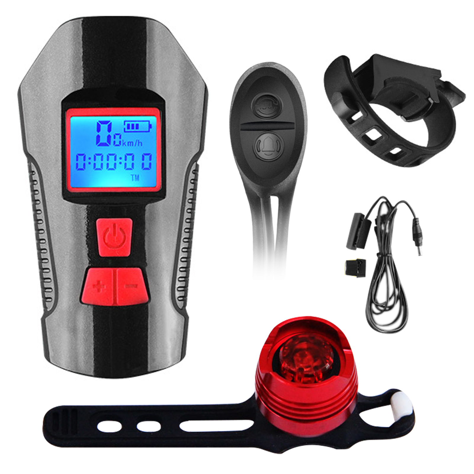 Kit D'Éclairage Led Multifonctionnel Rechargeable Usb Pour Vélo, Comprenant Un Feu Avant Et Arrière, 5 Modes D'Affichage, 6 Types De Klaxon, 4 Modes D'Éclairage Avant Et 3 Modes D'Éclairage Arrière.