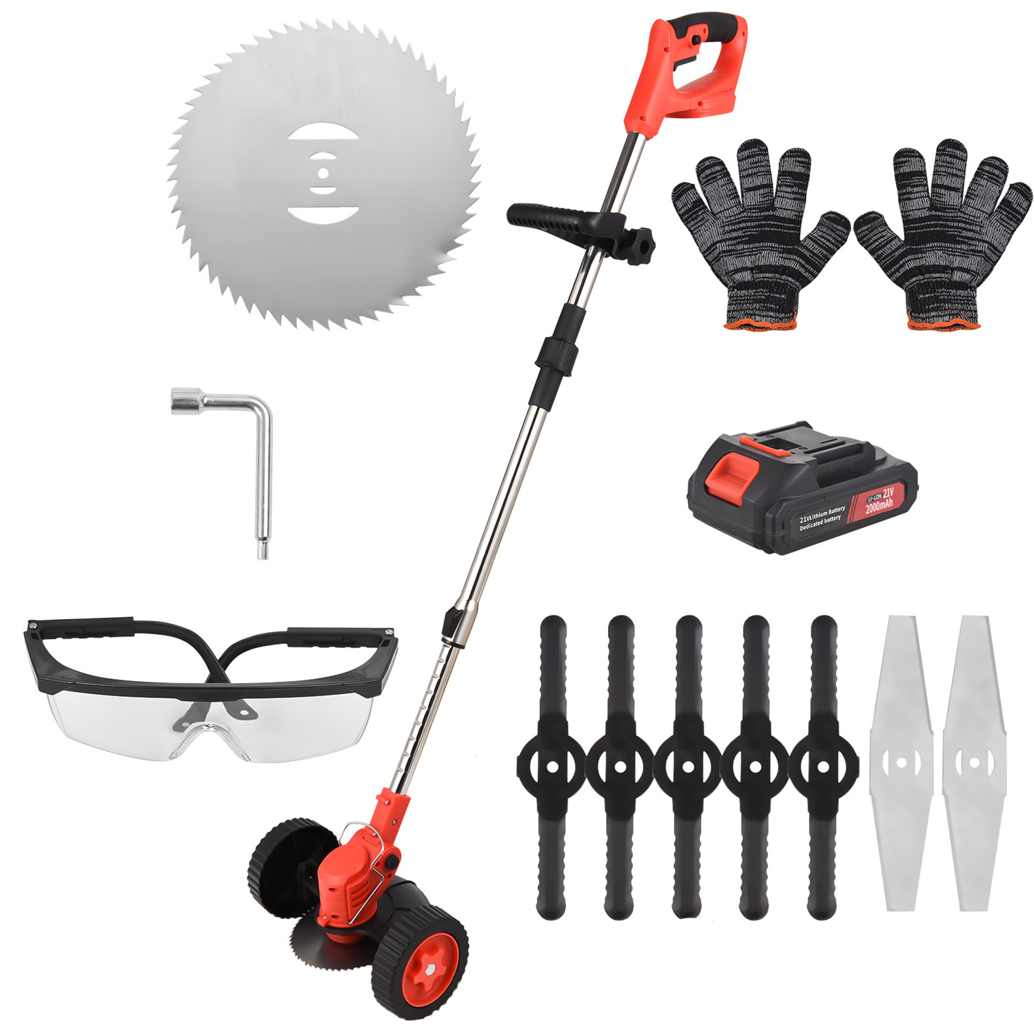 Débroussailleuse Électrique Sans Fil À Piles Avec Roues, 3 Lames Différentes, Manche Pliable, Idéale Pour Pelouses, Jardins Et Terrasses.