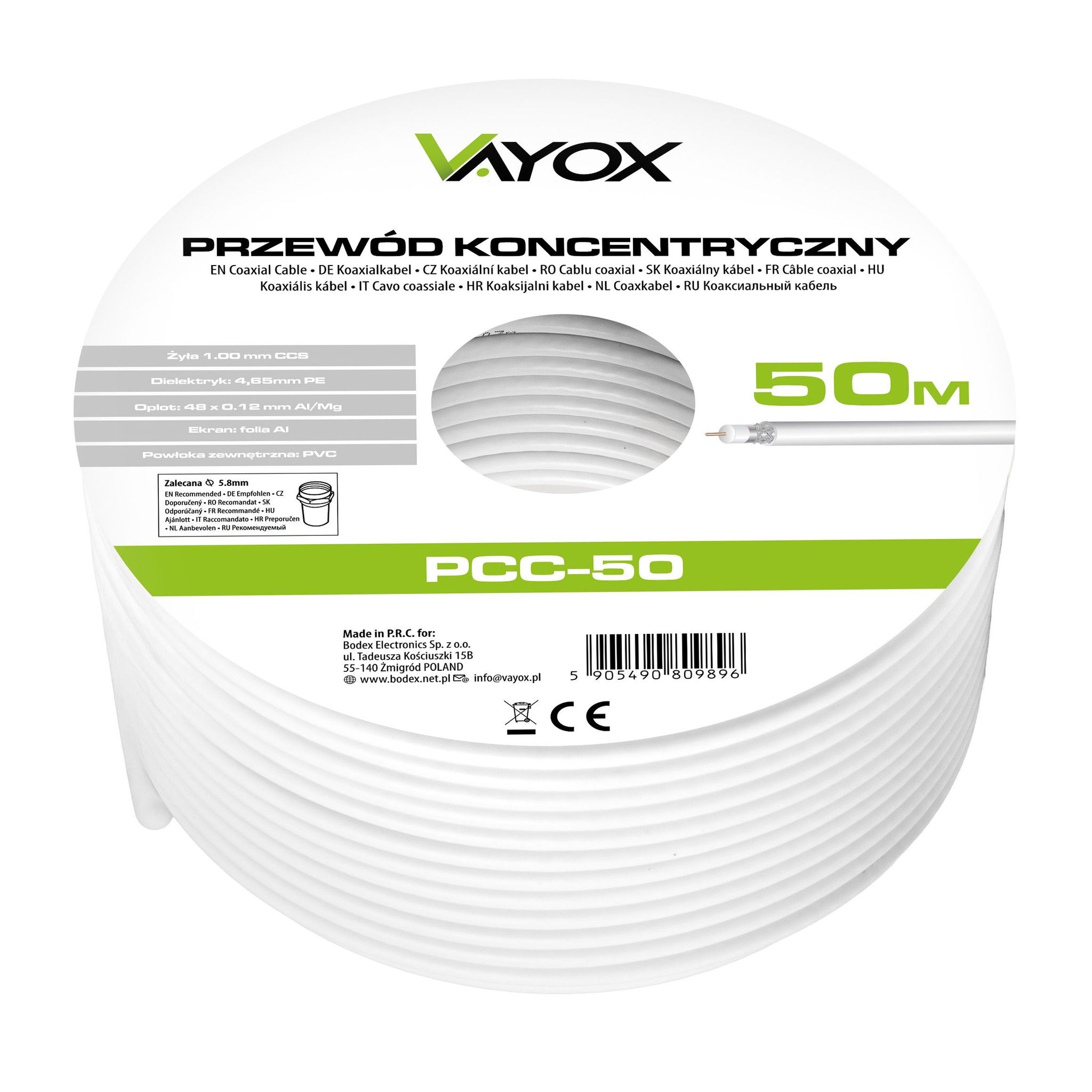 Vayox Rg6u Pcc-50 Koaxialkabel 50 M