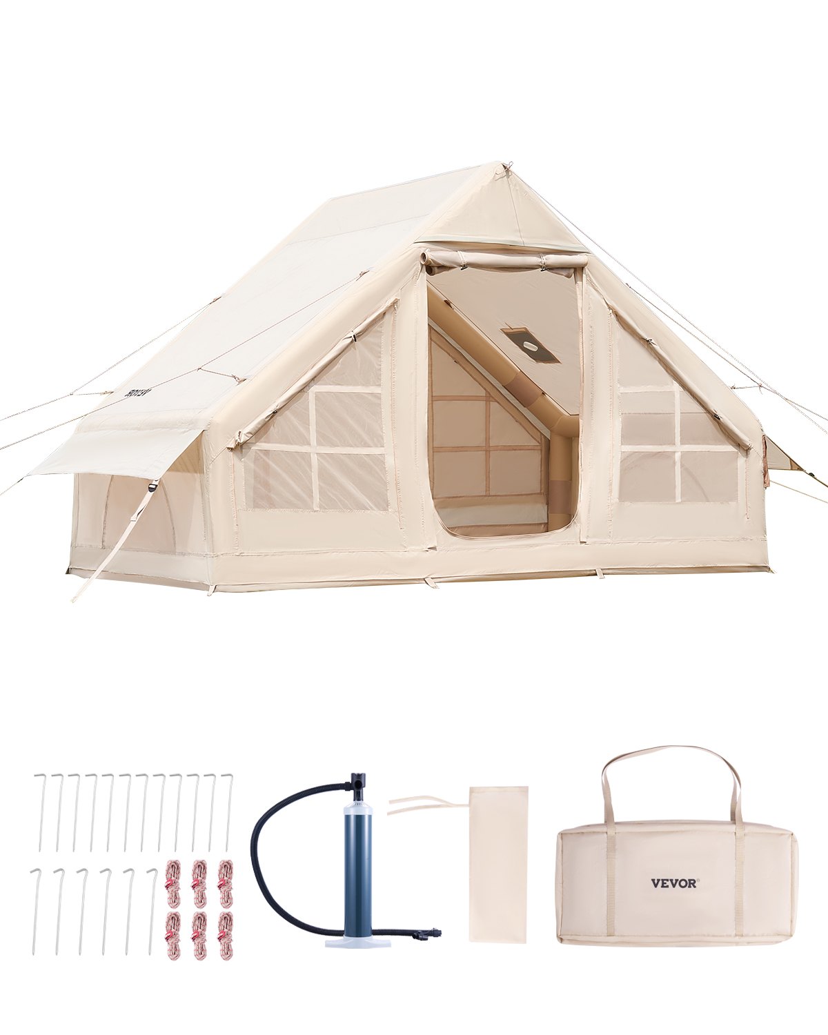 Aufblasbare Zelte Für Camping 3x2x2m, 3–5 Personen, 300d Oxford 4-jahreszeiten-glamping-zelt Mit Handpumpe, Ofenanschluss, 2 Türen & 2 Netzfenstern, Inkl. Aufbewahrungstasche Für Transport