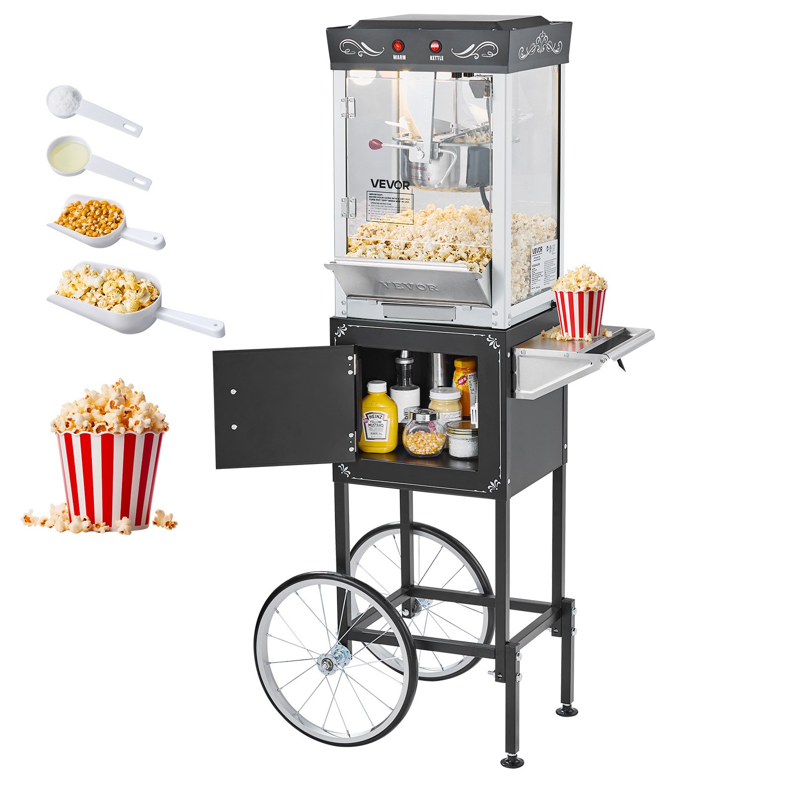 Popcornmaschine Popcornautomat Mit Kessel & Wagen, 800 W Kommerzieller Popcornmaker, 48 Tassen Pro Ladung, Mit 2-tasten-bedienung, Glaswand, Pc-tür, 1 Portionierer, 3 Löffel, Schwarz