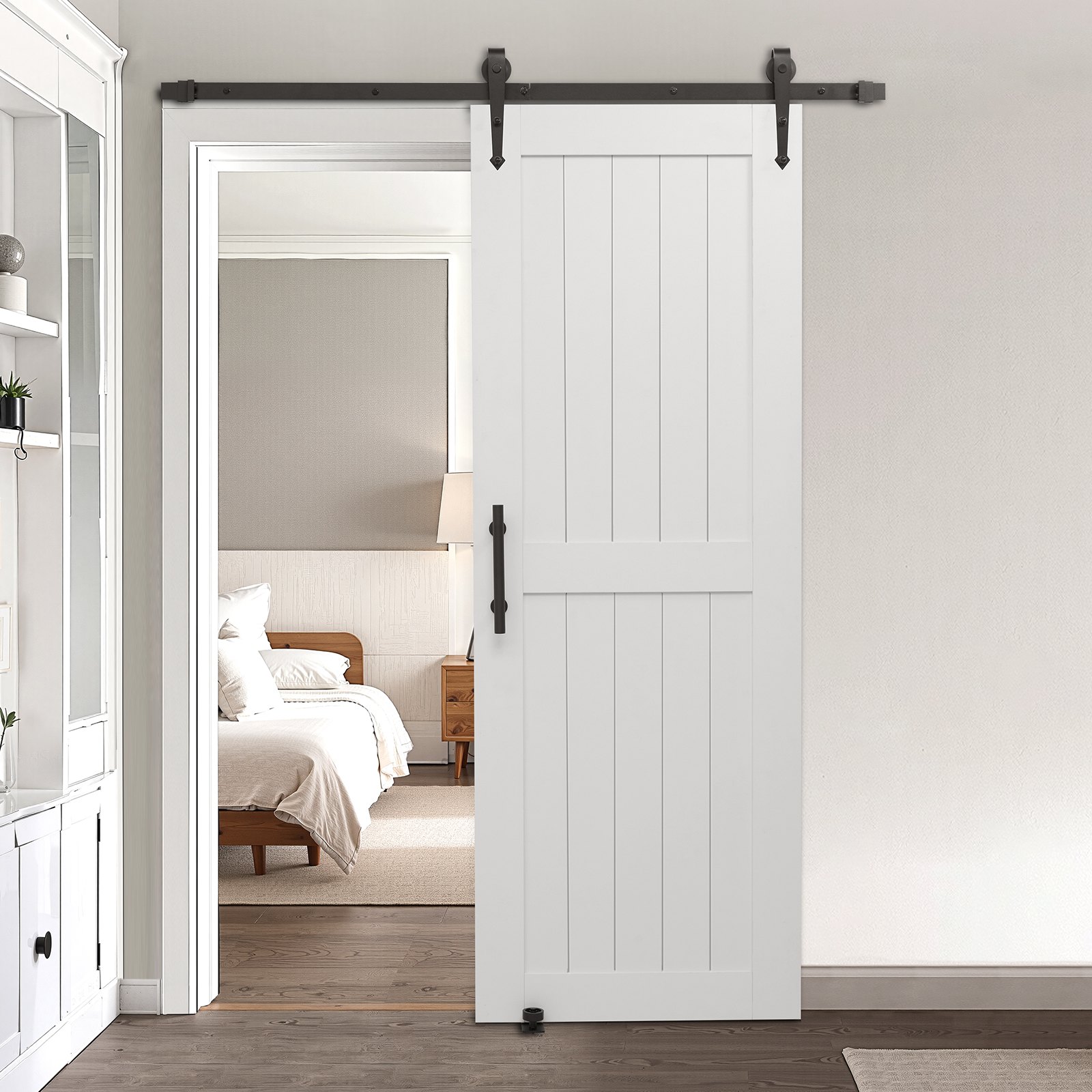 Schiebetür Im Scheunenstil Schiebetürsystem (762 X 2134 Mm) Aus Hochfesten Mdf-platten, Scheunentor Mit Hardware-kit & Wasserfester Pvc-oberfläche & H-rahmen Für Wohnzimmer Badezimmer Weiß