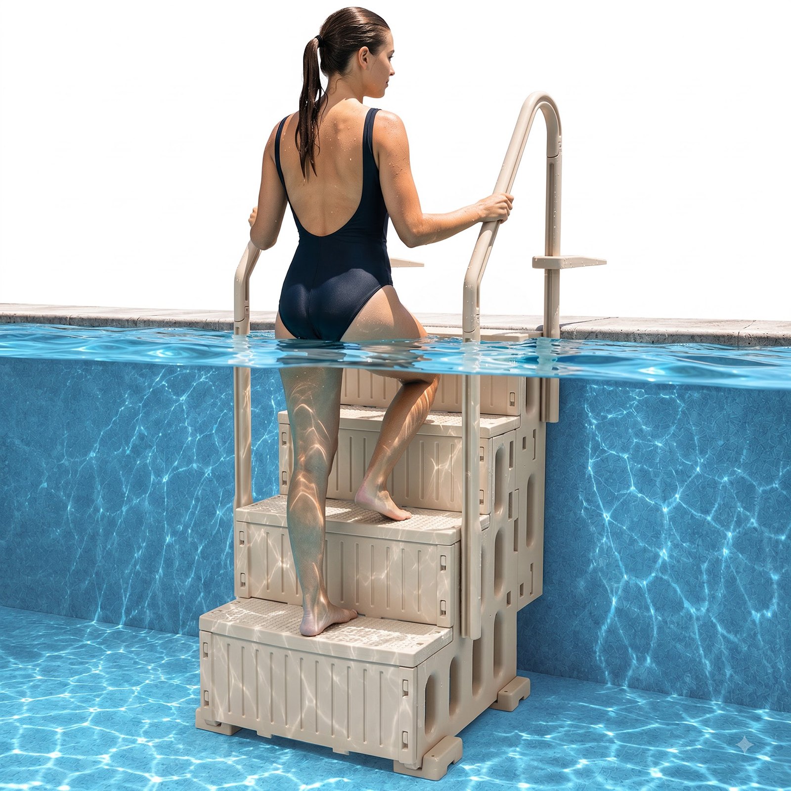 Schwimmbadleiter, 4-stufige Treppe Mit Doppelhandlauf Und Rutschfesten Hochleistungsstufen, Maximale Tragkraft 181 Kg, Für 122–137 Cm Große Pools Mit Jeder Terrassenoberfläche, Taupe