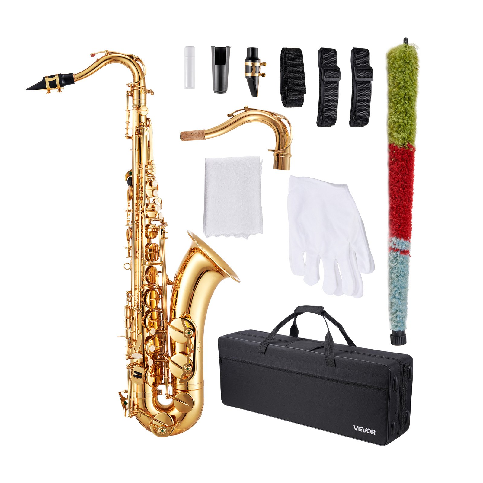 Tenorsaxophon, B-dur, Messingsaxophon-anfängerset Mit Tragetasche, Mundstück, Gurten, Reinigungstuch, Handschuhen, Umhängeband, 23-tasten-tenorsaxophon-set, Für Anfänger & Schüler, Gold