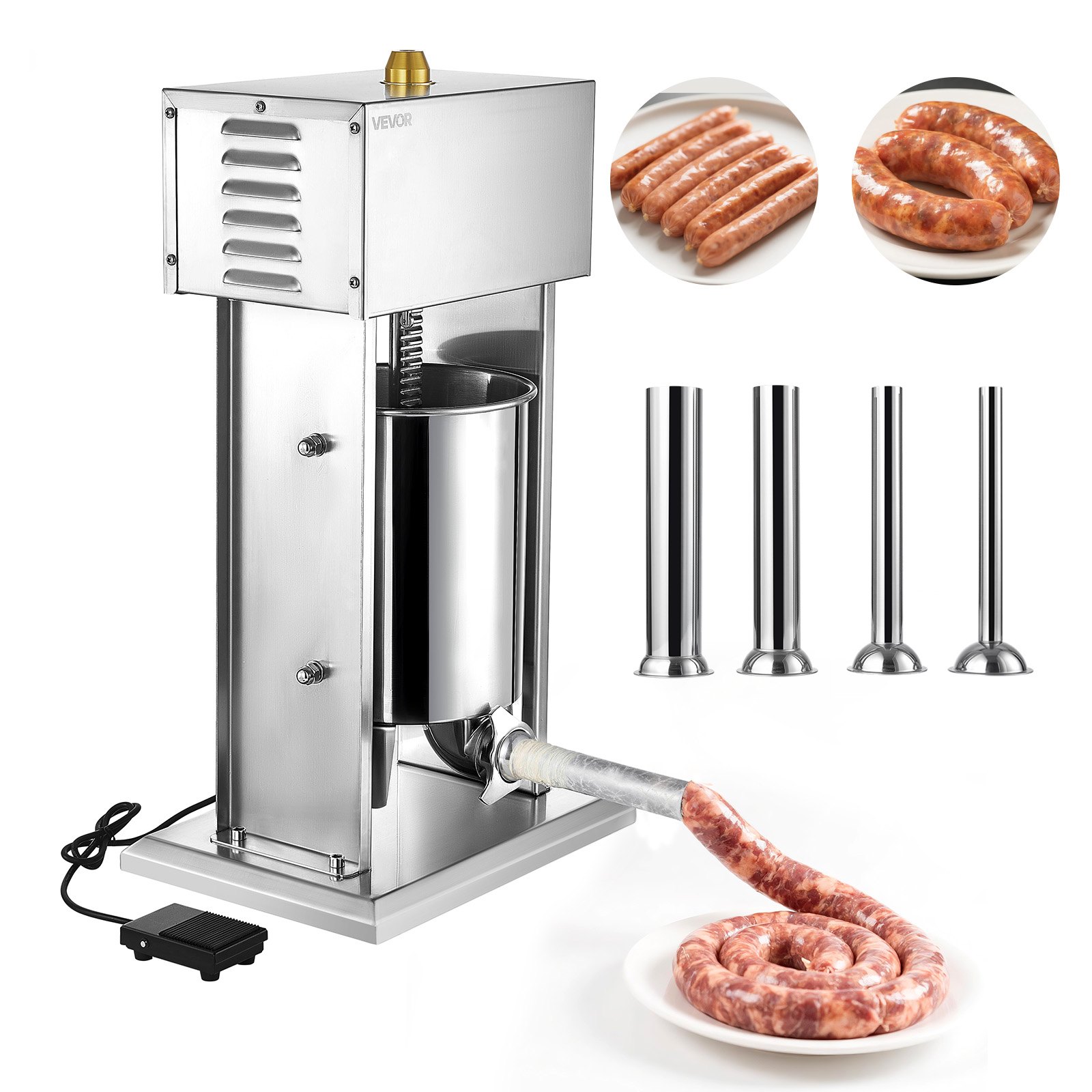 Elektrischer Wurstfüller 10 L Wurstfüllmaschine Fleischfüller Mit Stufenloser Geschwindigkeitsregelung & Pedal, Hochleistungsfüller Aus Edelstahl Mit 4 Wurstfüllrohren, Fleischfüllen