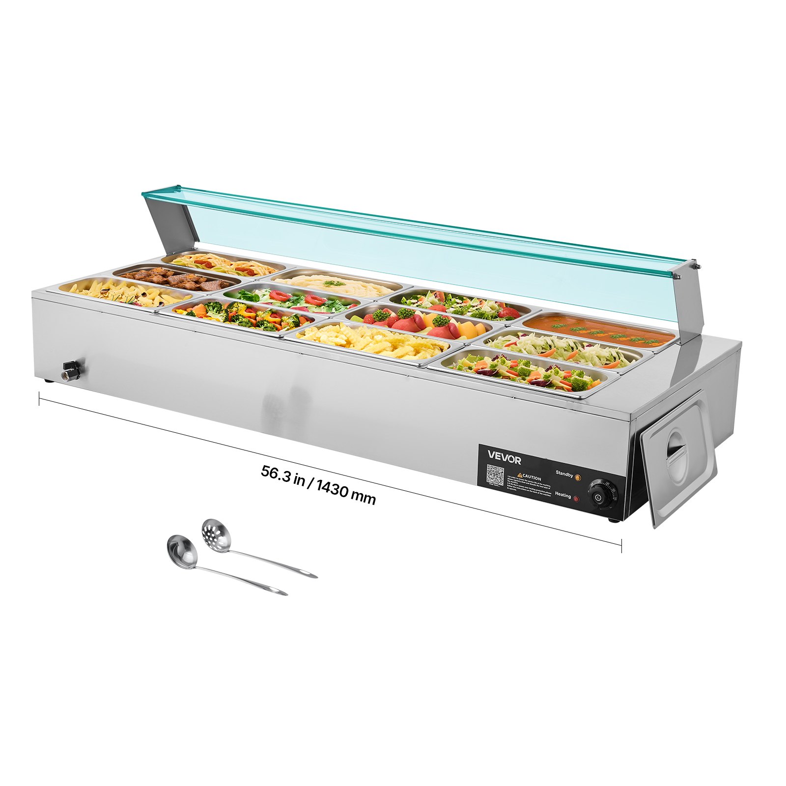 Kommerzieller Speisenwärmer (12 X 1/3 Größe Behälter), 1,7 Kw Elektrischer Wärmebehälter Aus Edelstahl Mit Glasabdeckung & Suppenkelle, Chafing Dishes Für Catering Restaurant Party