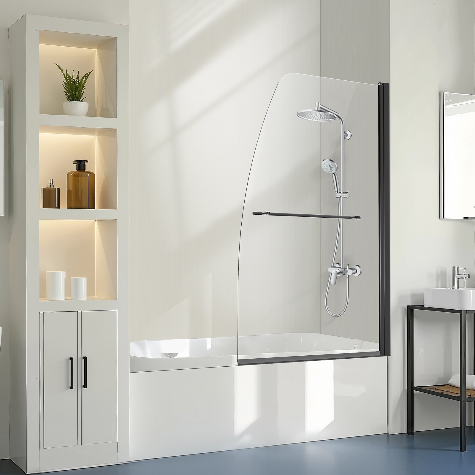 Rahmenlose Badewannen Duschtür (864 X 1397 Mm / B X H) Halbe Platzsparende Duschtür Für Badewanne, Tür Aus Gehärtetem Glas, Duschglastür (6 Mm Glasdicke), Schwarz