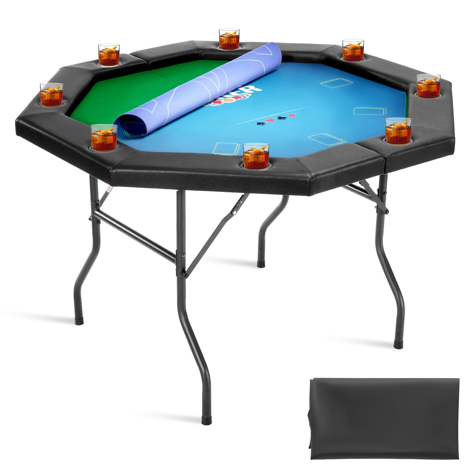 Klappbarer Pokertisch Für 8 Spieler (1325 Mm) Kasino-freizeittisch Mit Gepolsterten Schienen & Getränkehaltern, Achteckige Tragbare Spieltische Mit Filz- Und Metallbeinen Texas Hold’em Poker