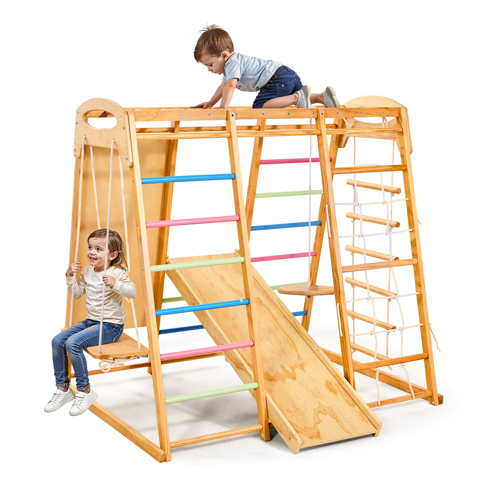Indoor Spielplatz Klettergerüst (9 In 1) Aus Holz, 113 Kg Belastbares Montessori-kletterspielzeug-set Mit Schaukeln/klettergerüst/rutsche/holzleiter/strickleiter/kletternetz/fels/stange/seil