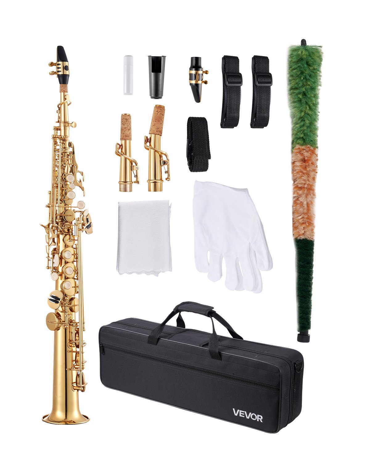 Sopransaxophon, B-dur, Messing-saxophon-anfängerset Mit Tragetasche, Mundstück, Reinigungstuch, Stab, Handschuhen, Umhängeband, 23-tasten-sax-set, Für Anfänger & Schüler, Gold