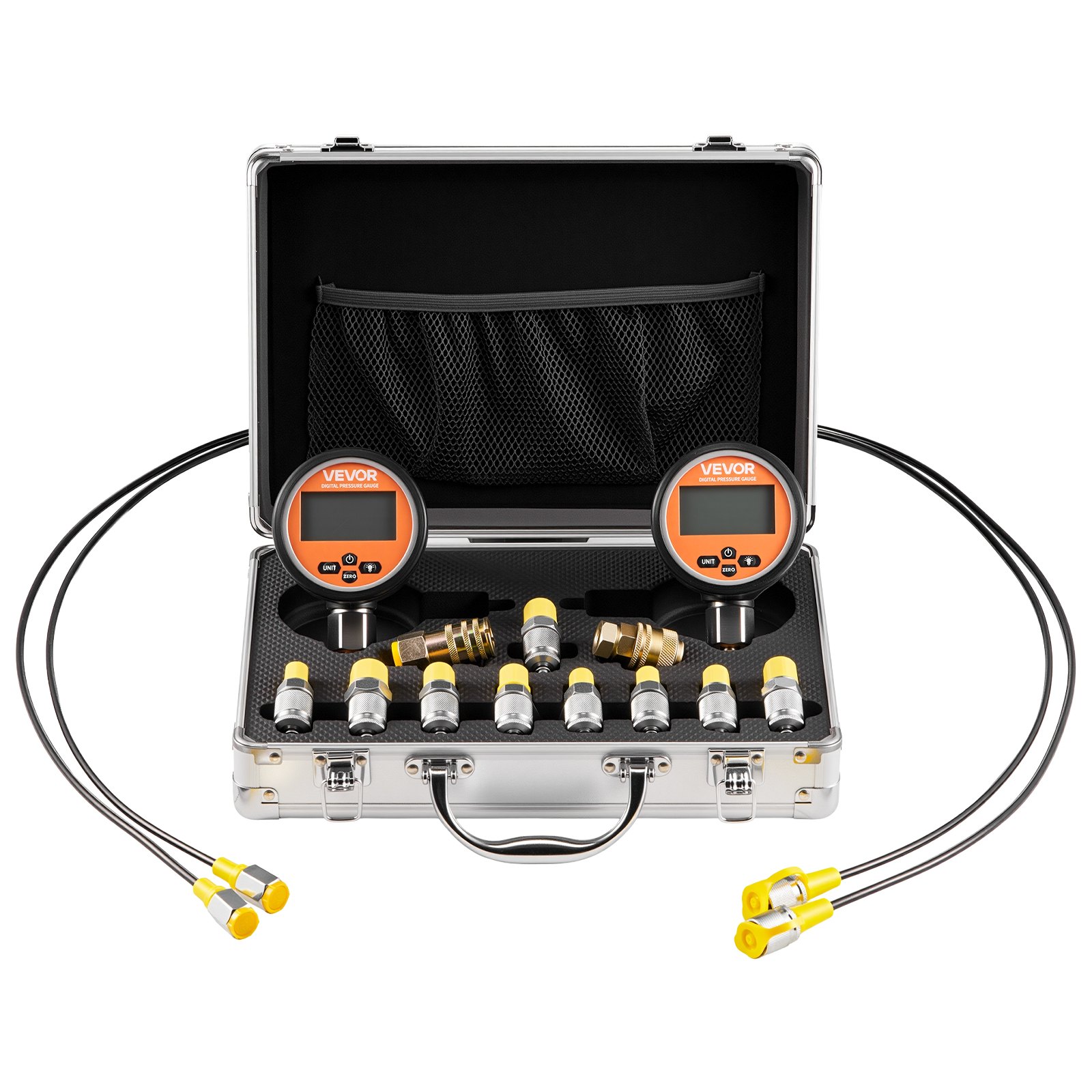 Digitales Hydraulikdruck Testkupplungsset, 10000 Psi Druckmessgerät Manometer Tester Mit 2 Messgeräten & 9 Testkupplungen & 2 Schnellkupplungen & 2 Schläuchen Für Bagger Baumaschinen