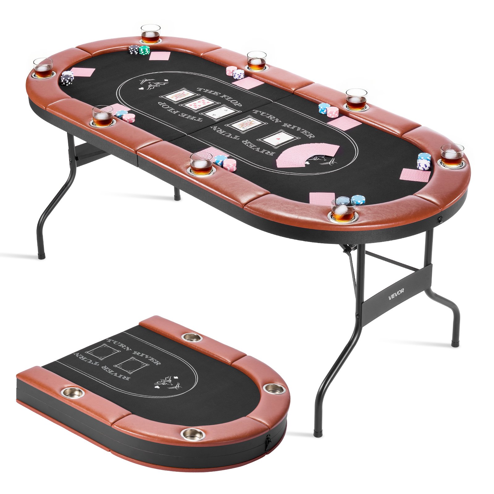 Klappbarer Pokertisch Für 8 Spieler (183 Cm) Kasino-freizeittisch Mit Gepolsterten Schienen & Getränkehaltern, Ovale Tragbare Spieltische Mit Filz- Und Metallbeinen, Texas Hold’em Poker