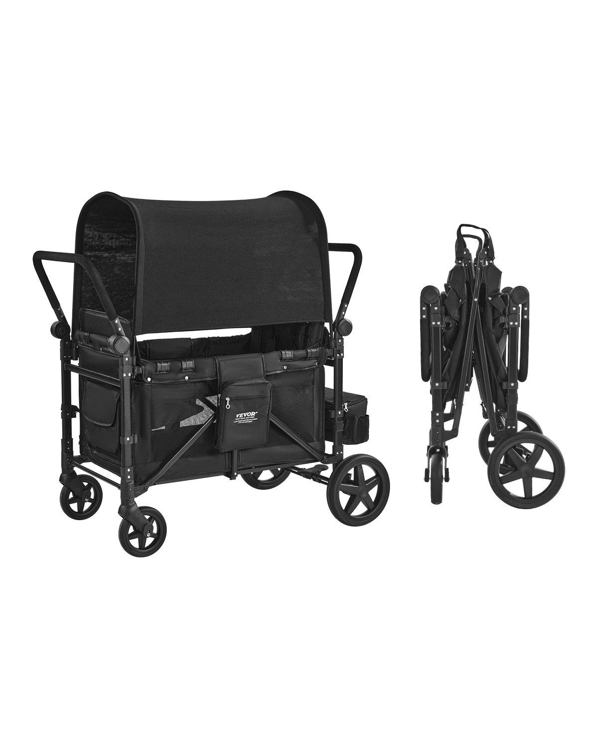 4-sitzer-kinderwagen, Faltbarer Push-pull-kinderbuggy Mit Verstellbarem Griff, 5-punkt-sicherheitsgurt & Abnehmbarem Verdeck, Bollerwagen Für Camping, Schwarz (150 Kg Tragkraft)