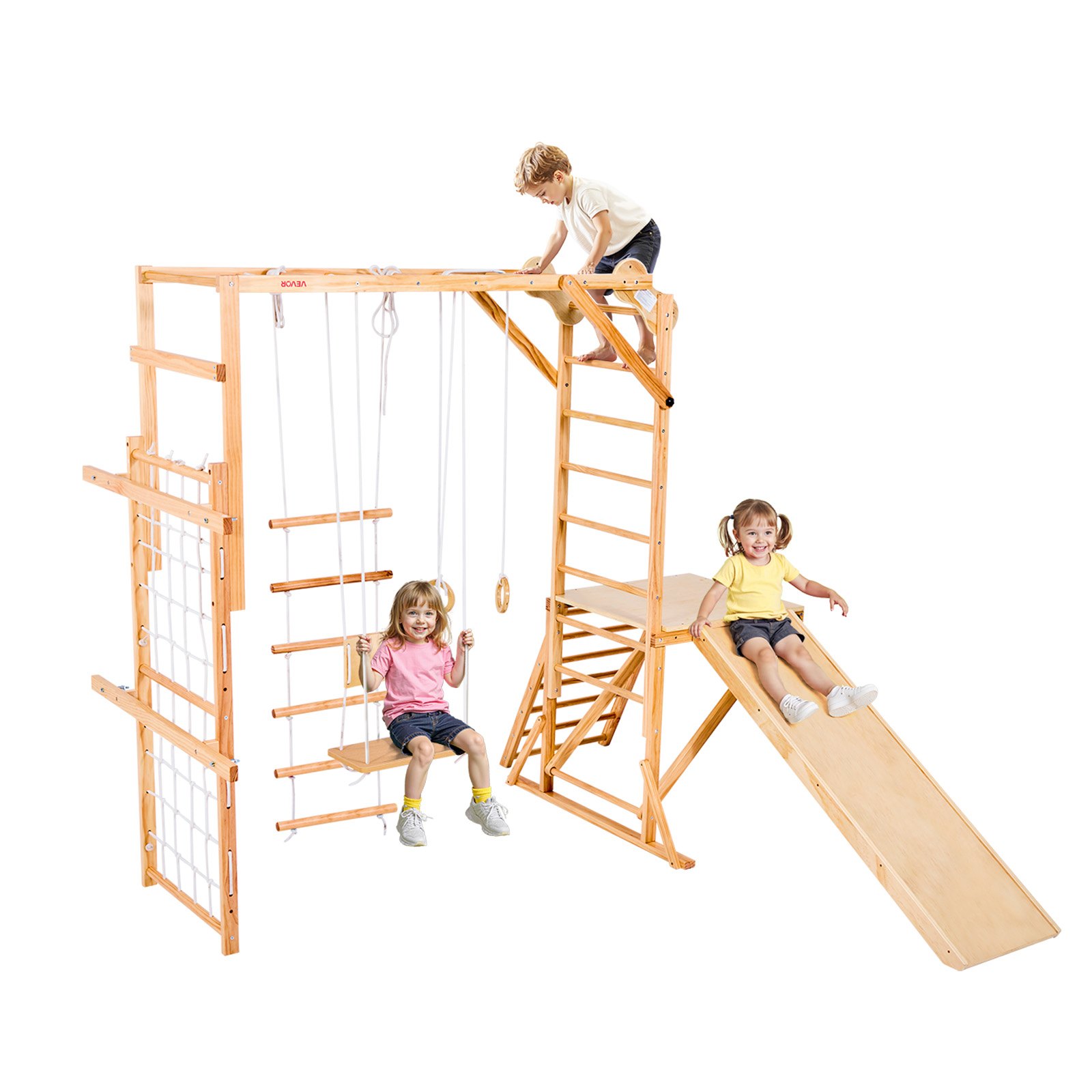 Indoor Spielplatz Klettergerüst (8 In 1), 100 Kg Belastbares Montessori-kletterspielzeug-set Mit Rutschen/schaukeln/klettergerüst/turnringen/holz-/strickleiter/kletternetz/stange