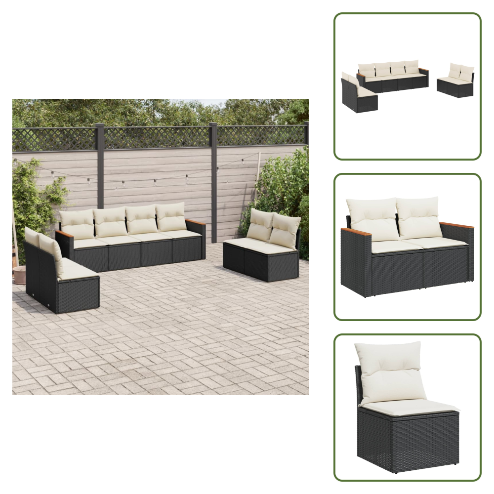 The Living Store 8-tlg. Garten-sofagarnitur Mit Kissen Schwarz Poly Rattan - Gartensorgaunität - Outdoor Möblierung - Gartenmöbelset - Lounge Set - Rattan Gartenmöbel