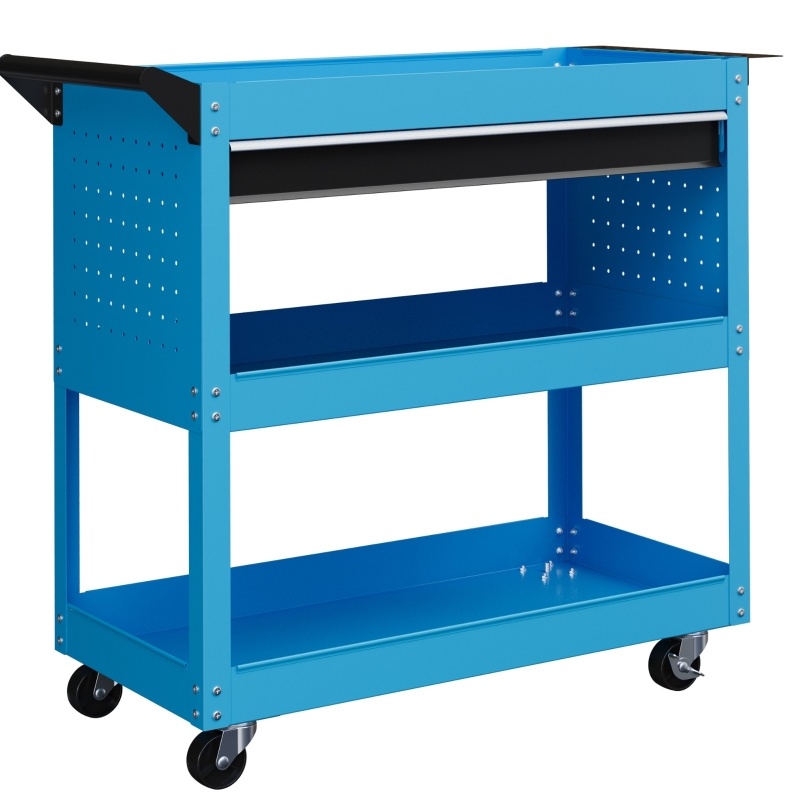 Werkzeugwagen Aus Stahl Mit 3 Ebenen, Ausziehschublade Und 4 Rollen, 82 X 35 X 76 Cm, Blau Homvra