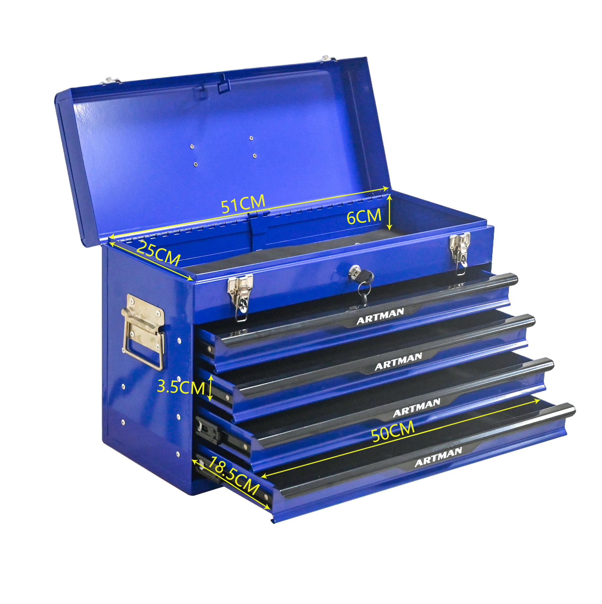 Homvra Werkzeugkasten Aus Stahl Mit 4 Schubladen, 53,2 X 22,3 X 34,5 Cm, Blau