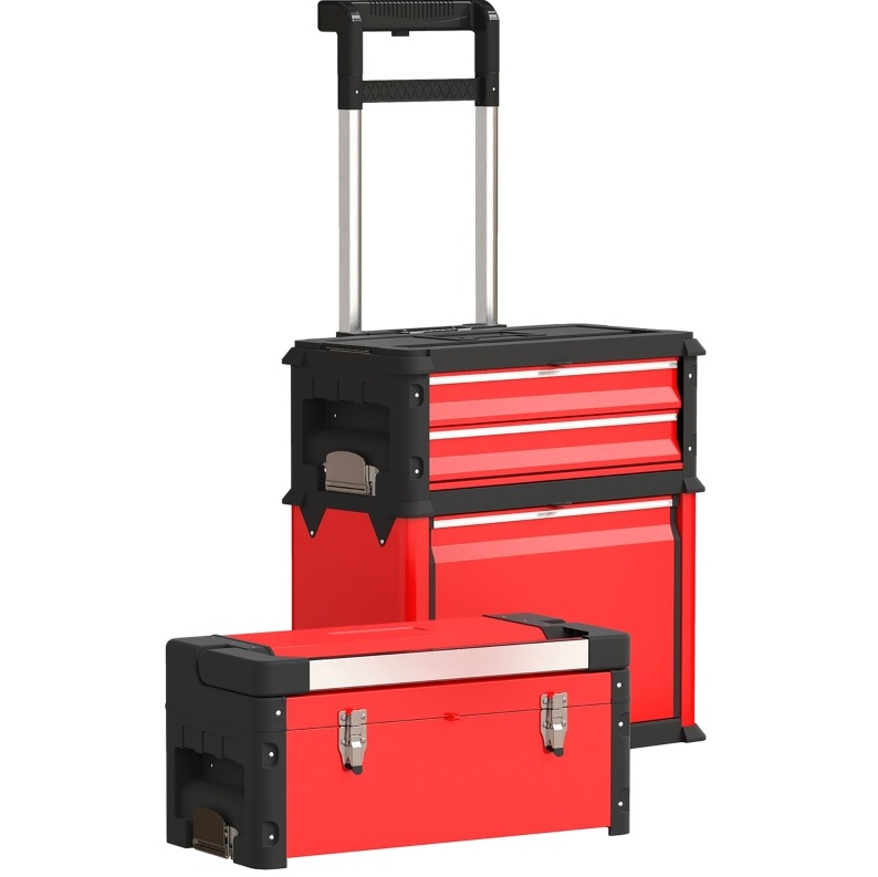 Modularer 3-teiliger Werkzeugwagen Leer Mit Rollen, Stahl/kunststoff, Rot, Homvra