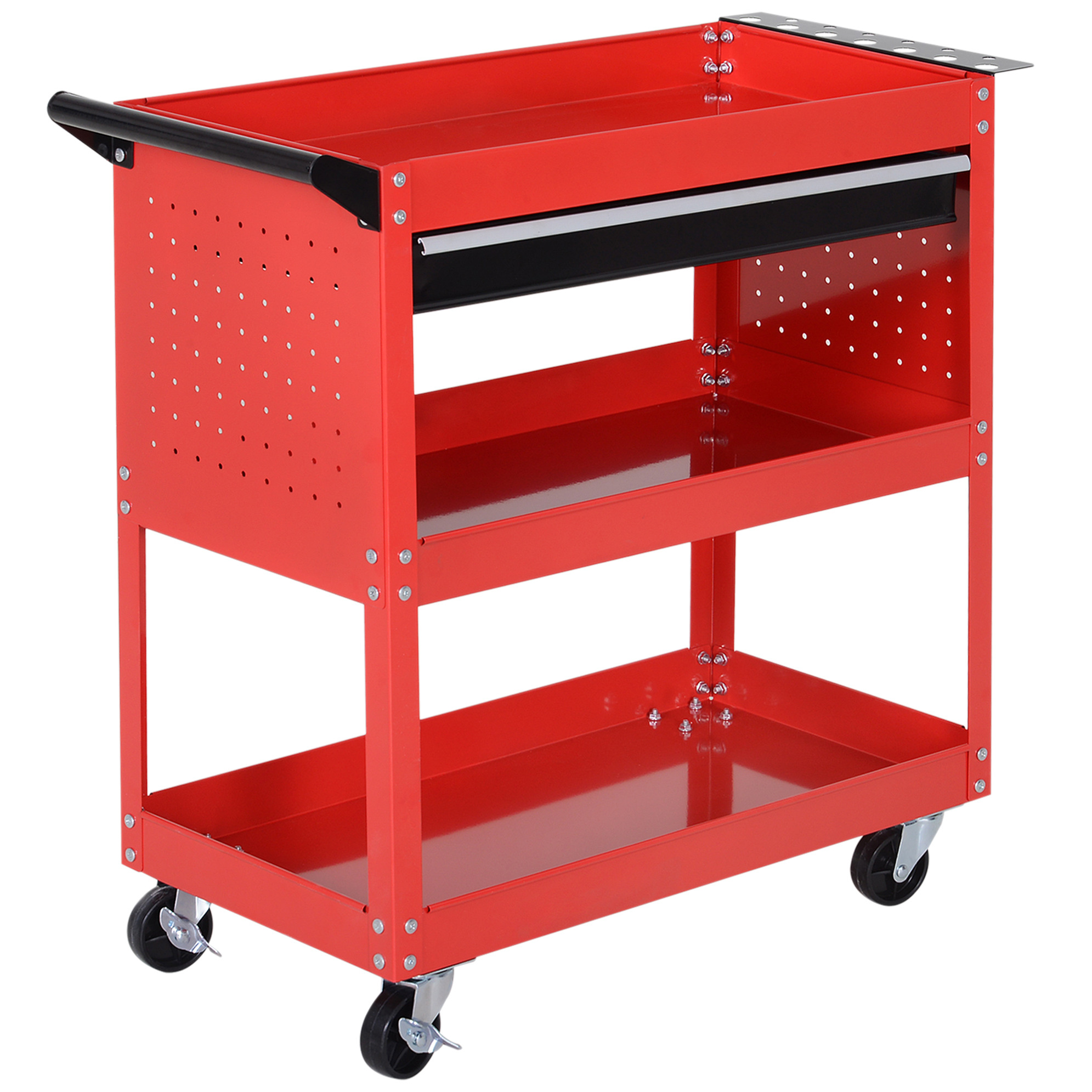 Roter Werkzeugwagen Aus Stahl Mit 3 Ebenen Und 4 Rollen, 82 X 35 X 76 Cm Homvra