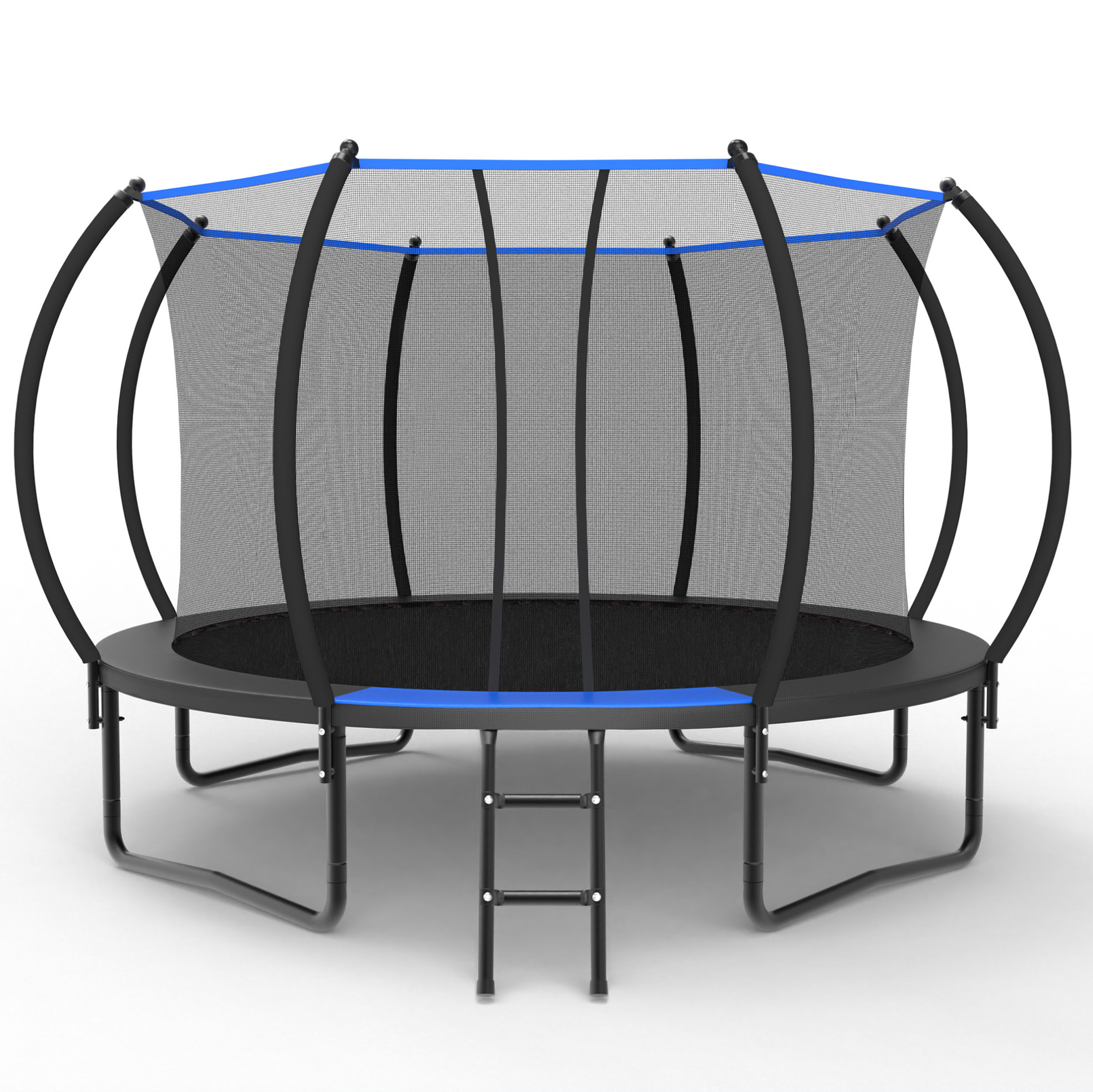 Rundes Trampolin 366 Cm Mit Sicherheitsnetz Und Leiter Für Draußen, Stahl, Schwarz Und Blau
