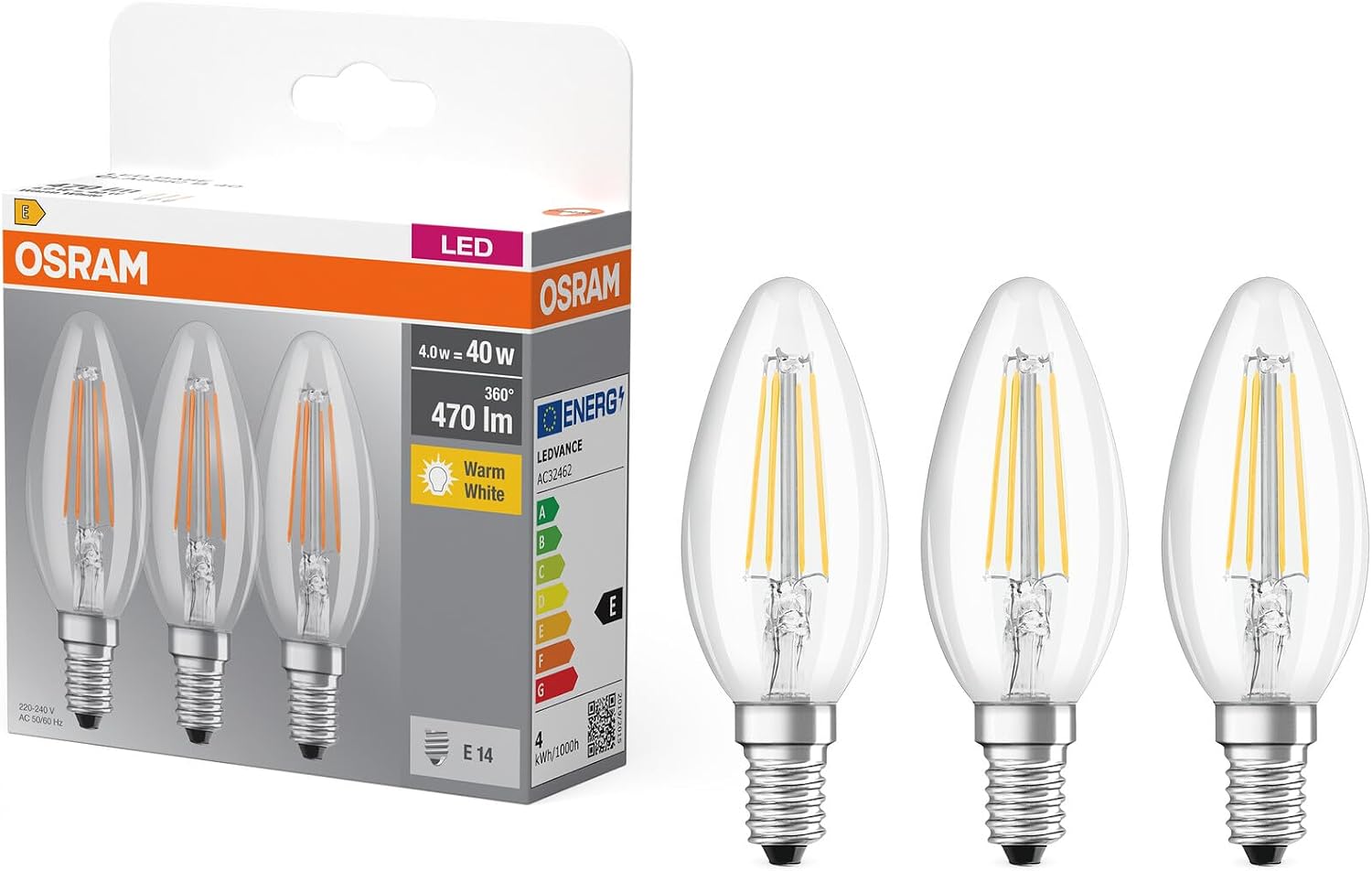 Led-flammenlampe – 3er-pack – E14-sockel – 4 W (entspricht 40 W) – Warmweiß (2700 K)