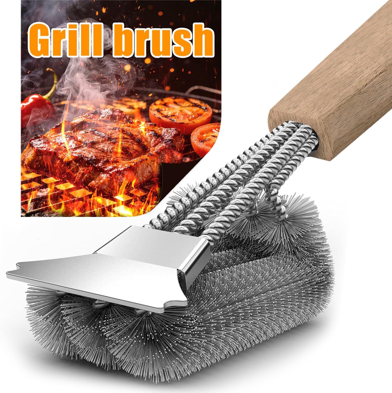 Grillbürste – 1 Stück – Edelstahl Und Holz – 360°-reinigung – Dreieckiges Design – Grillrost – 40 Cm