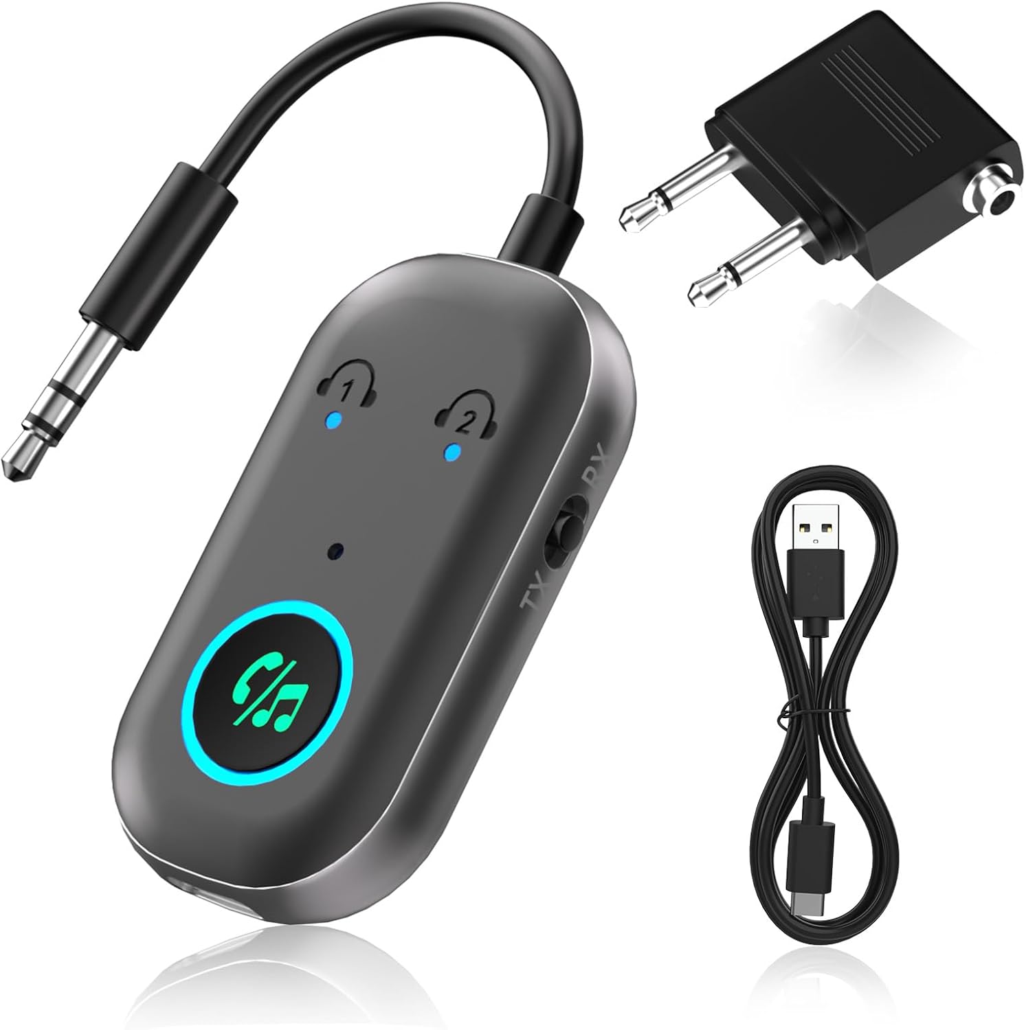 Bluetooth 5.3 Adapter – 2-in-1 Sender/empfänger – 3,5-mm-klinkenstecker – Dual-kopfhöreranschluss – Kompatibel Mit Fernseher, Pc, Auto Und Flugzeug