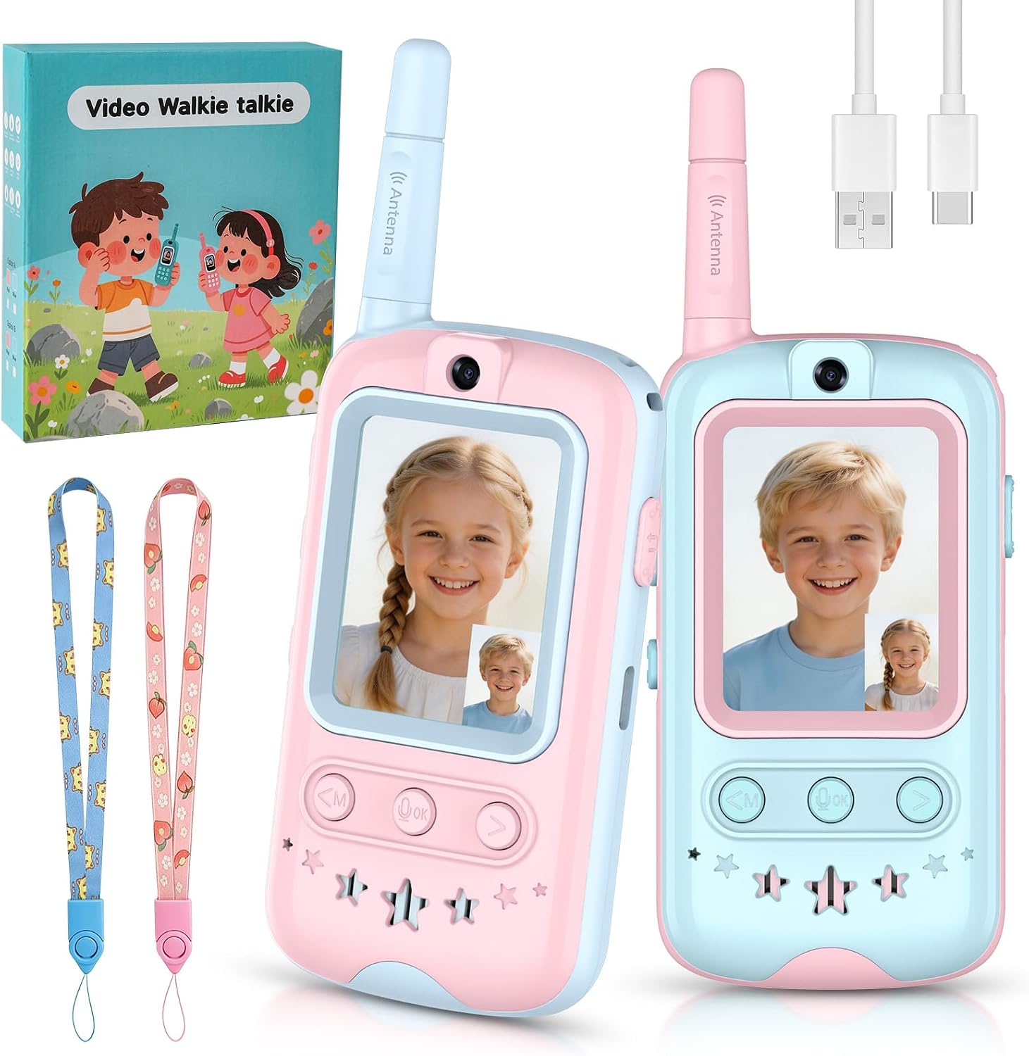 Kinder-video-walkie-talkie – 2 Stück – Wiederaufladbar – Video-chat Und Sms – Integrierte Spiele – Rosa Und Blau
