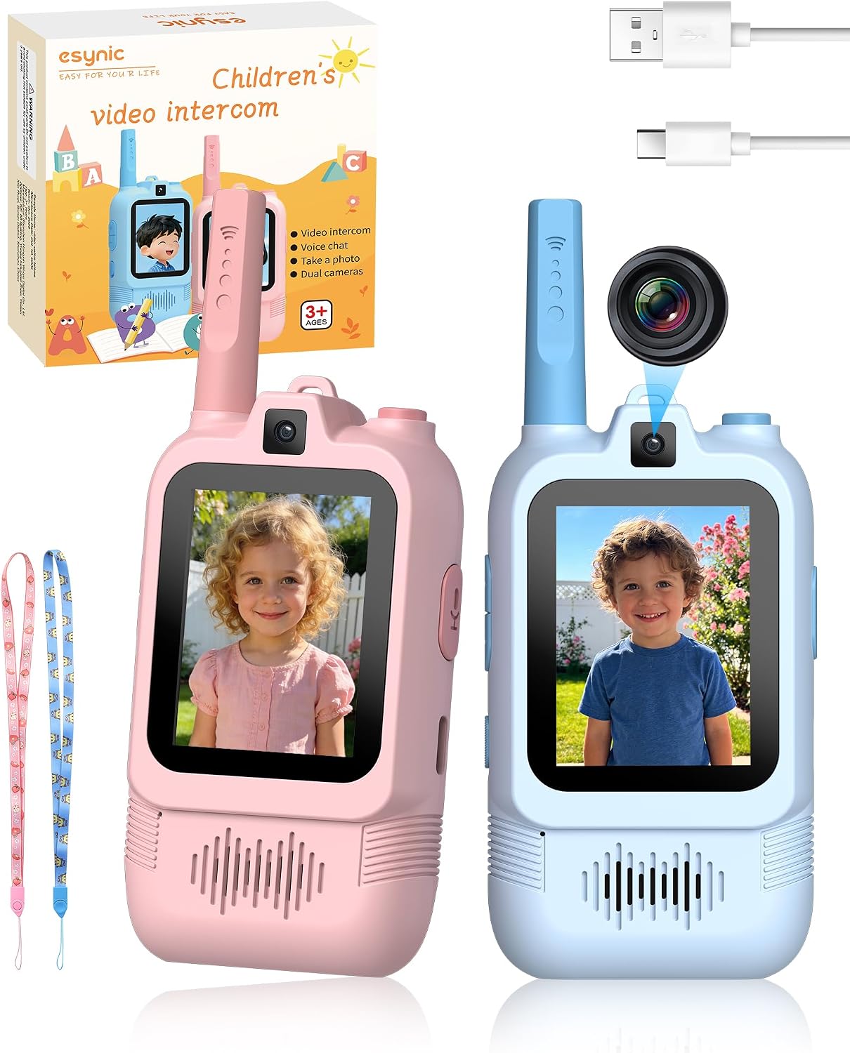 Kinder-walkie-talkies – 2er-pack – Dual-kamera – Videoanrufe – 500 M Reichweite – Usb-c-aufladbar – Rosa Und Blau